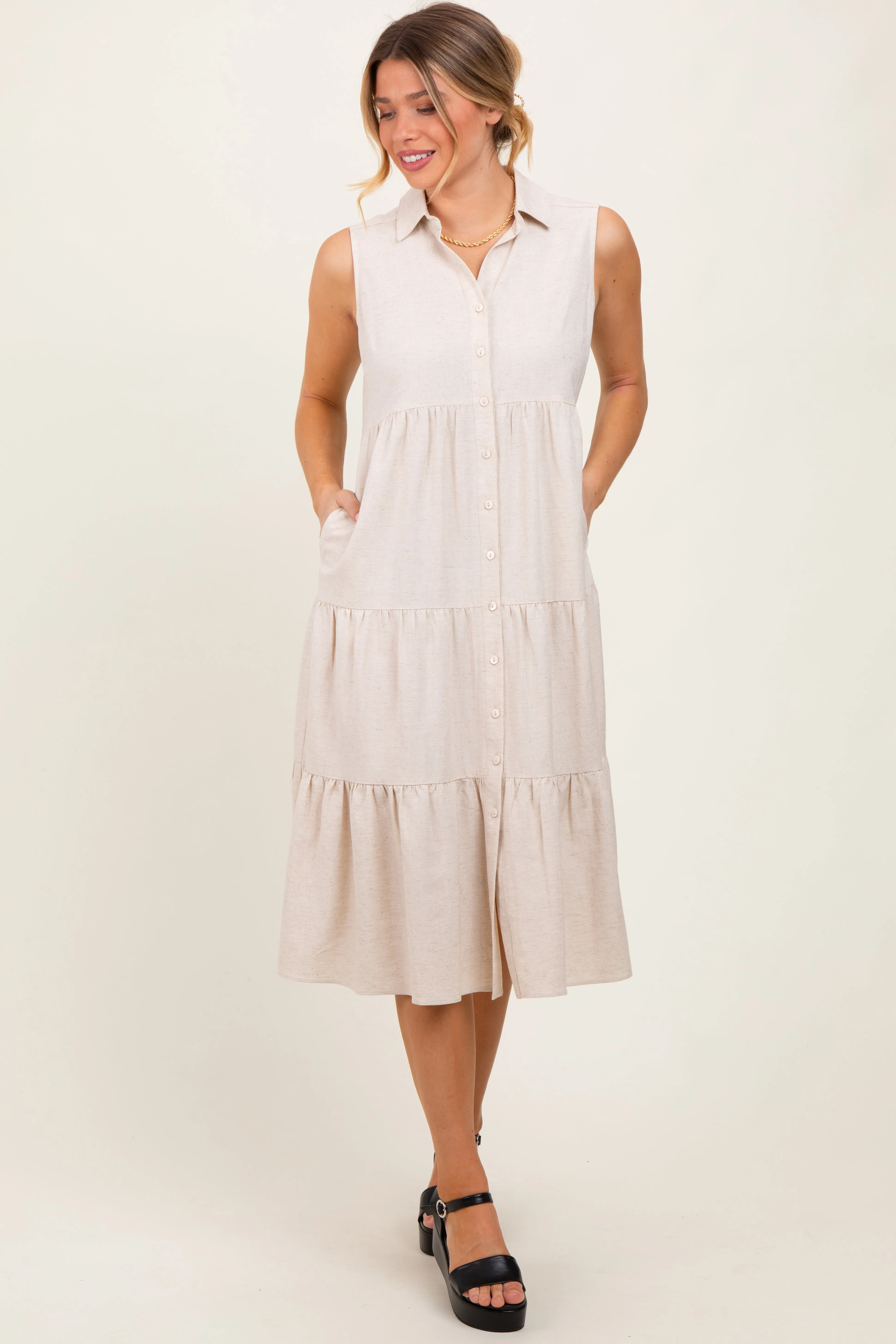 Cream Tiered Sleeveless Midi Shirt Dress sold by Pinkblush