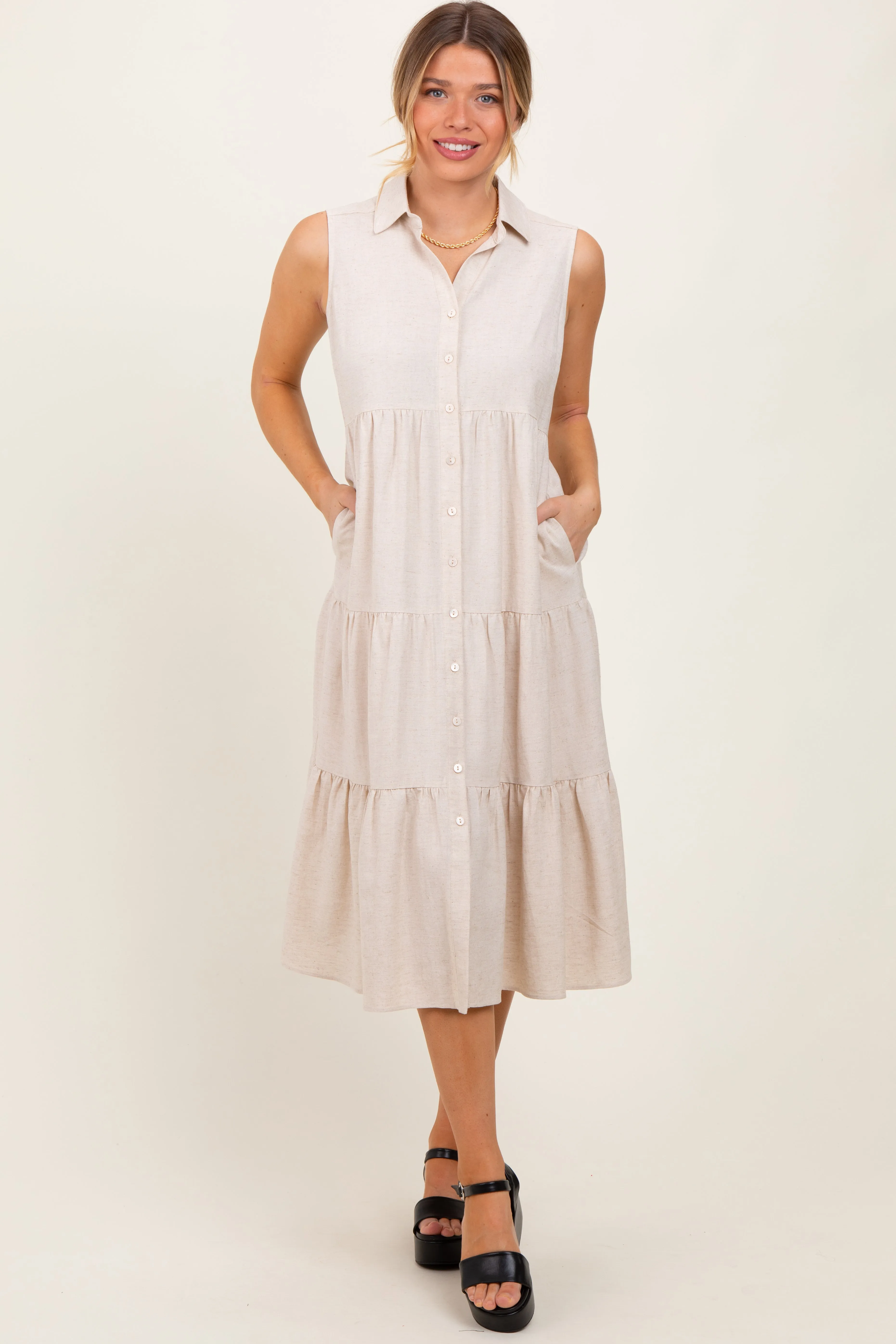 Cream Tiered Sleeveless Midi Shirt Dress sold by Pinkblush product image thumbnail 2