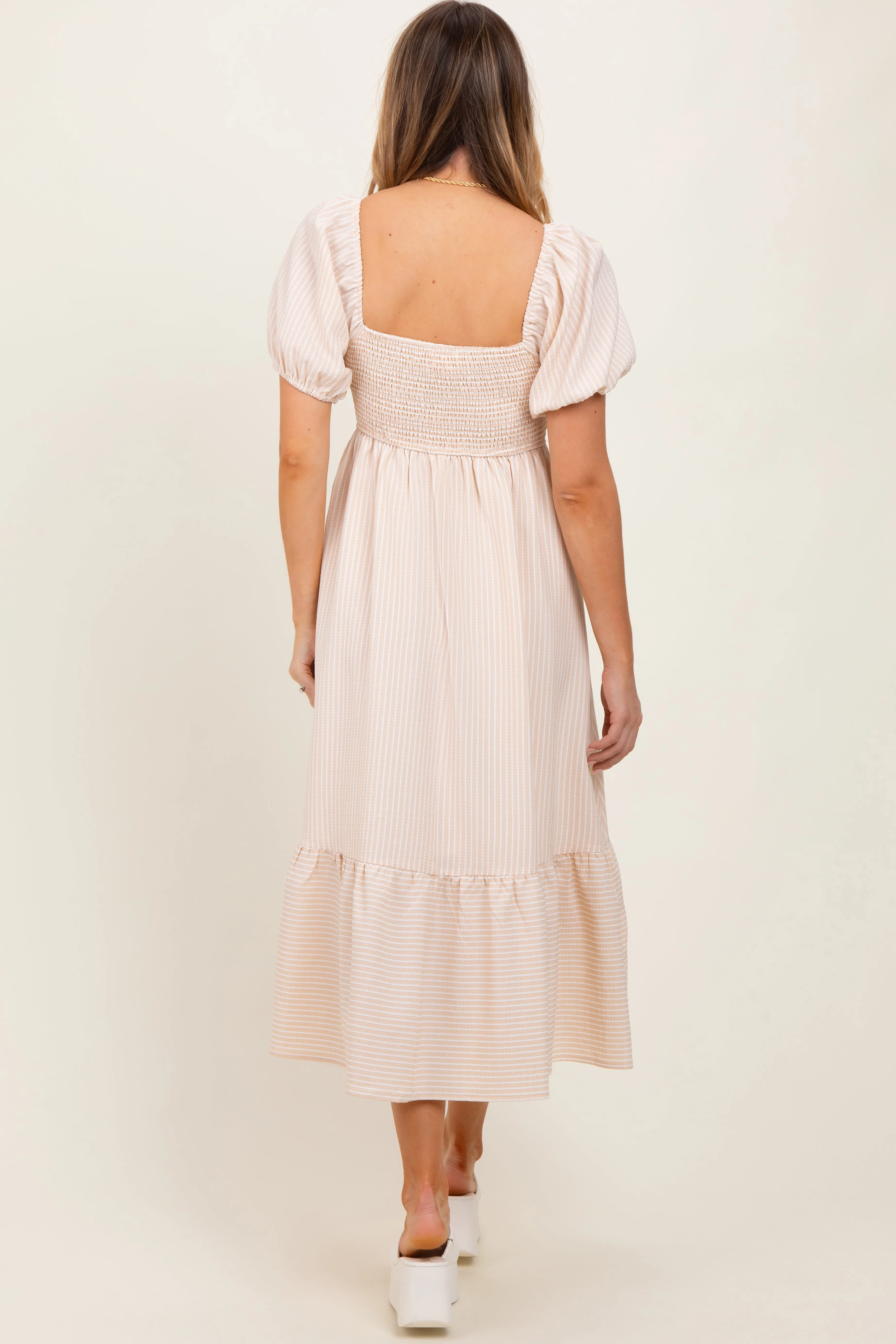 Beige Blue Sweetheart Stripe Smocked Back Midi Dress sold by Pinkblush product image thumbnail 4