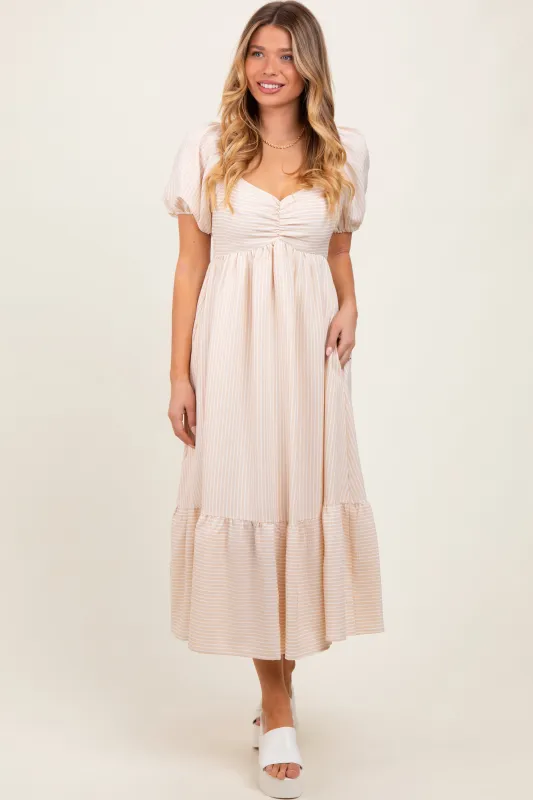 Beige Blue Sweetheart Stripe Smocked Back Midi Dress sold by Pinkblush