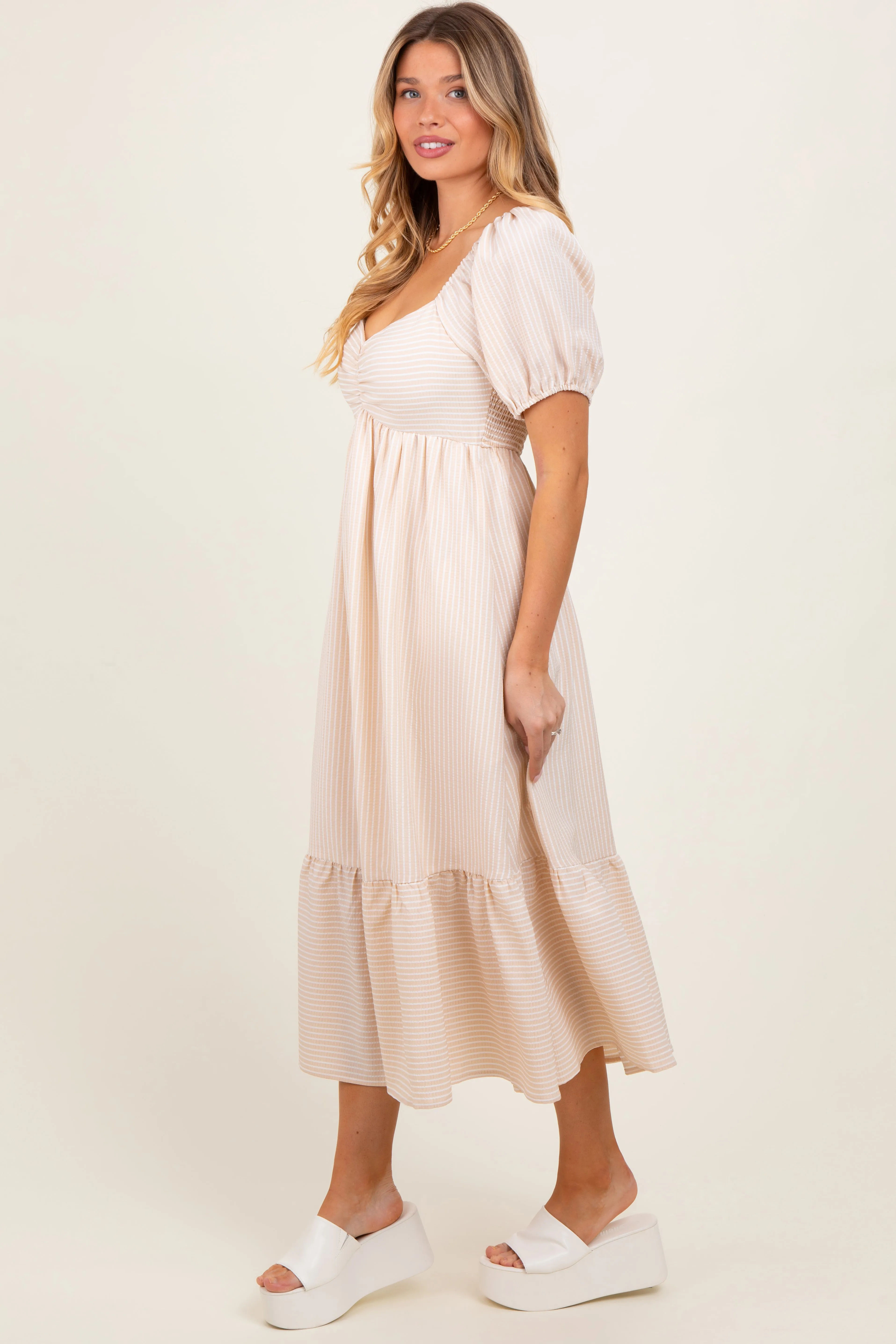 Beige Blue Sweetheart Stripe Smocked Back Midi Dress sold by Pinkblush product image thumbnail 3