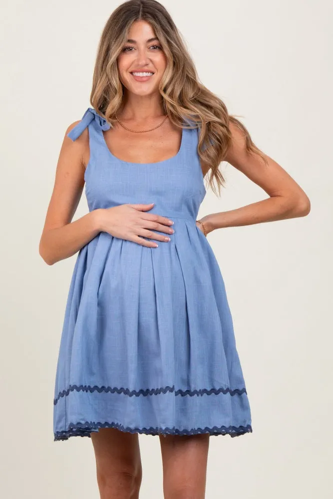 Blue Shoulder Bow Tie Pleated Maternity Mini Dress sold by Pinkblush product image thumbnail 2