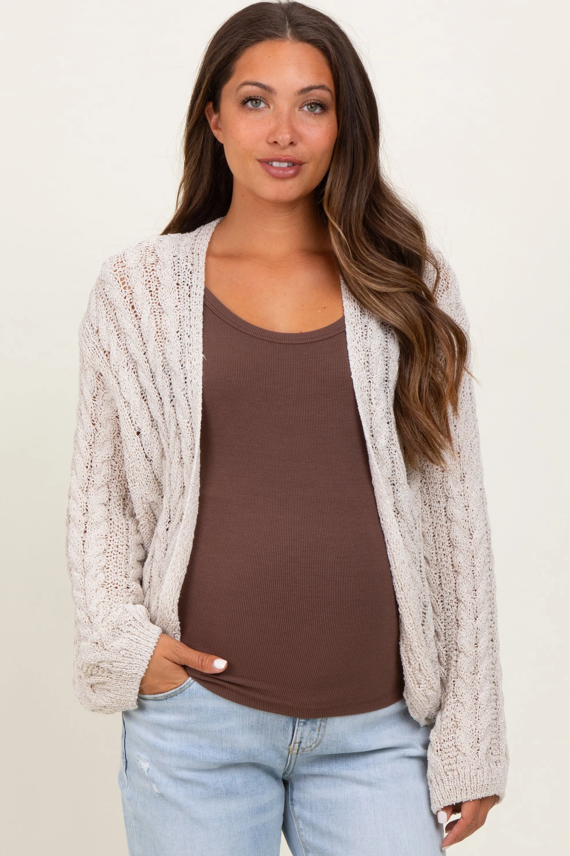 Beige Cable Knit Maternity Open Cardigan sold by Pinkblush