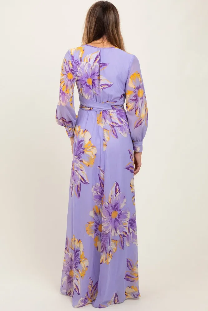 Lavender Floral Chiffon Sash Tie Wrap Maxi Dress sold by Pinkblush product image thumbnail 4