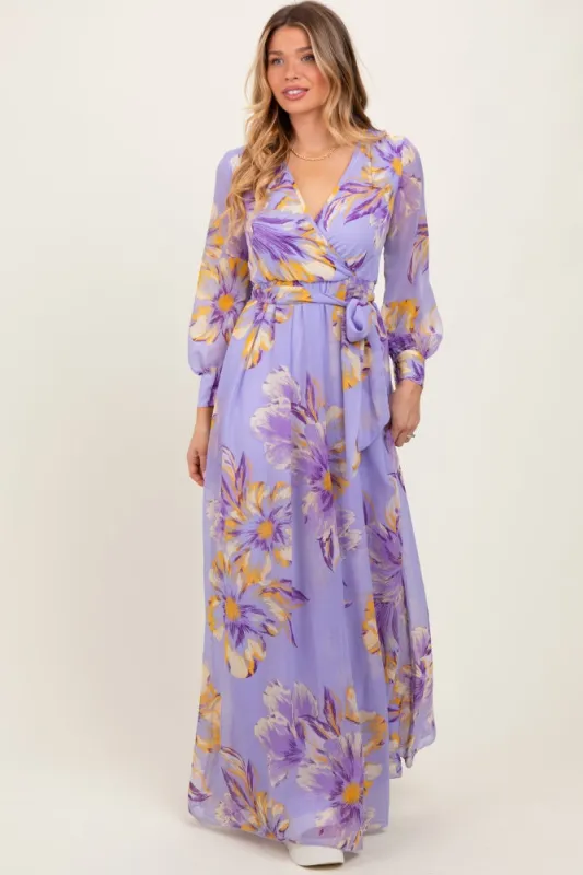 Lavender Floral Chiffon Sash Tie Wrap Maxi Dress sold by Pinkblush