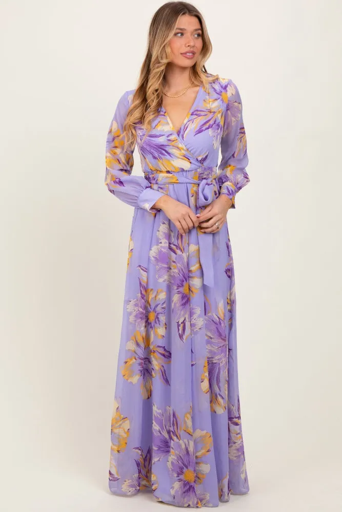 Lavender Floral Chiffon Sash Tie Wrap Maxi Dress sold by Pinkblush product image thumbnail 2