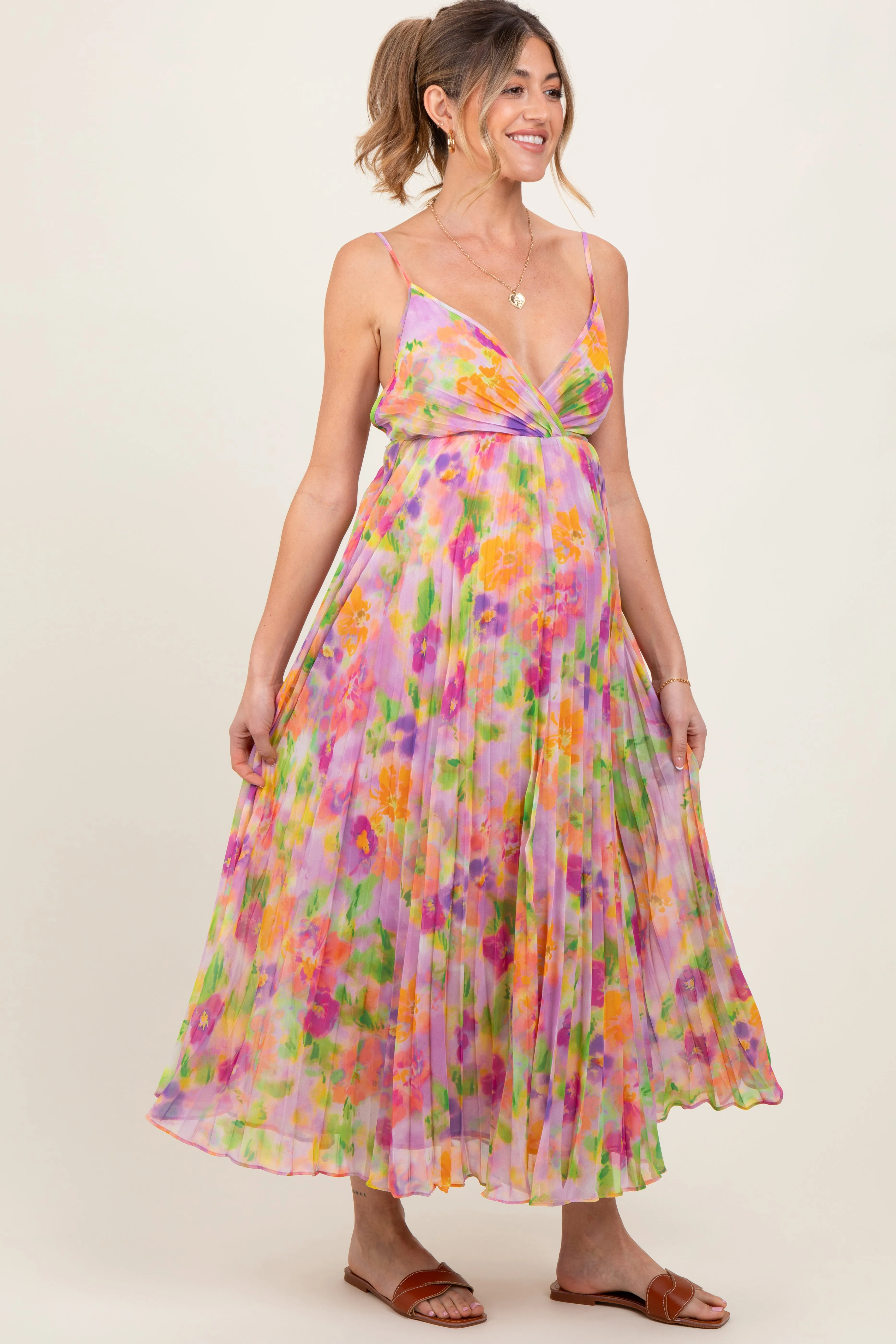 Lilac Floral Pleated Open Back Maternity Maxi Dress sold by Pinkblush product image thumbnail 3