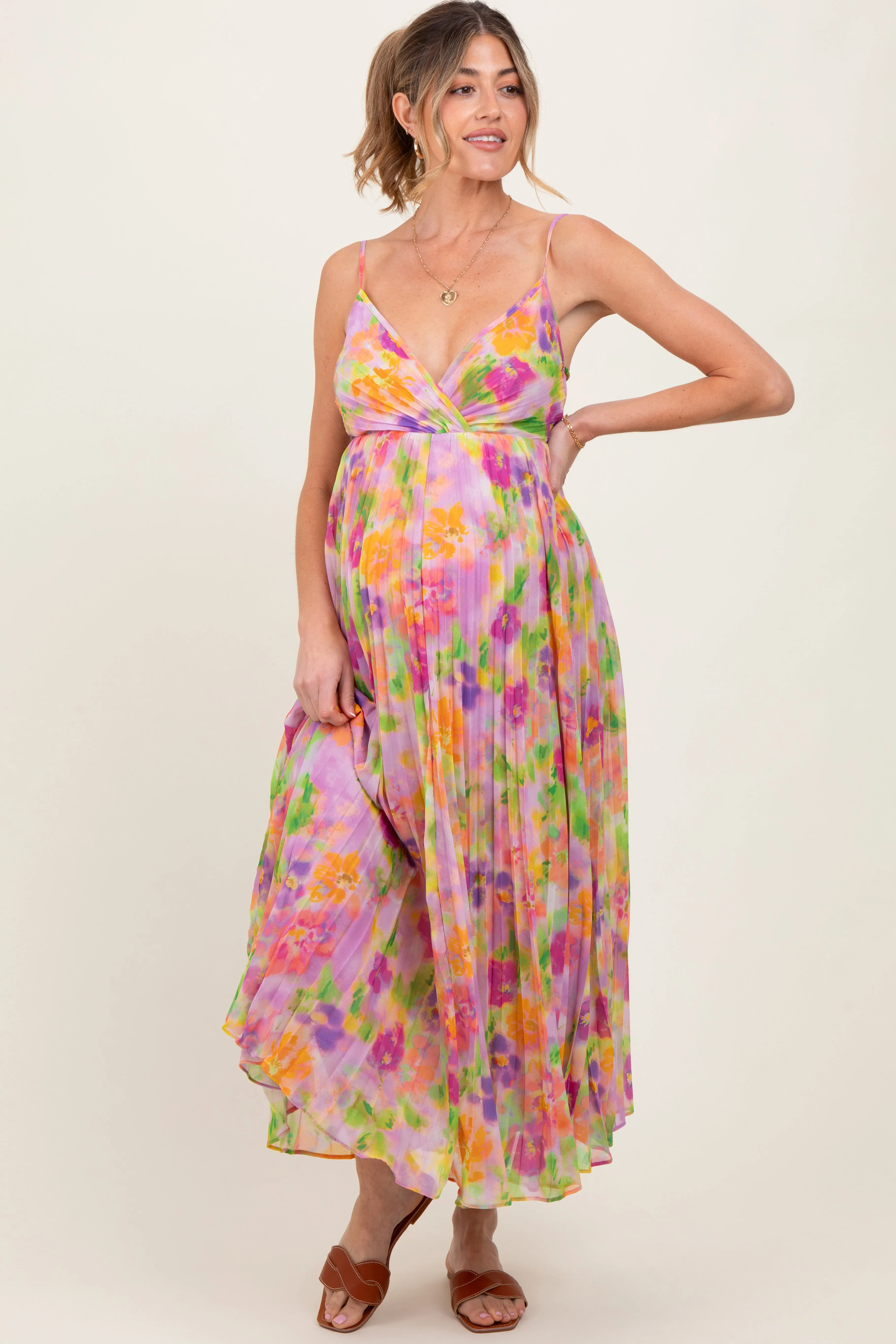 Lilac Floral Pleated Open Back Maternity Maxi Dress sold by Pinkblush