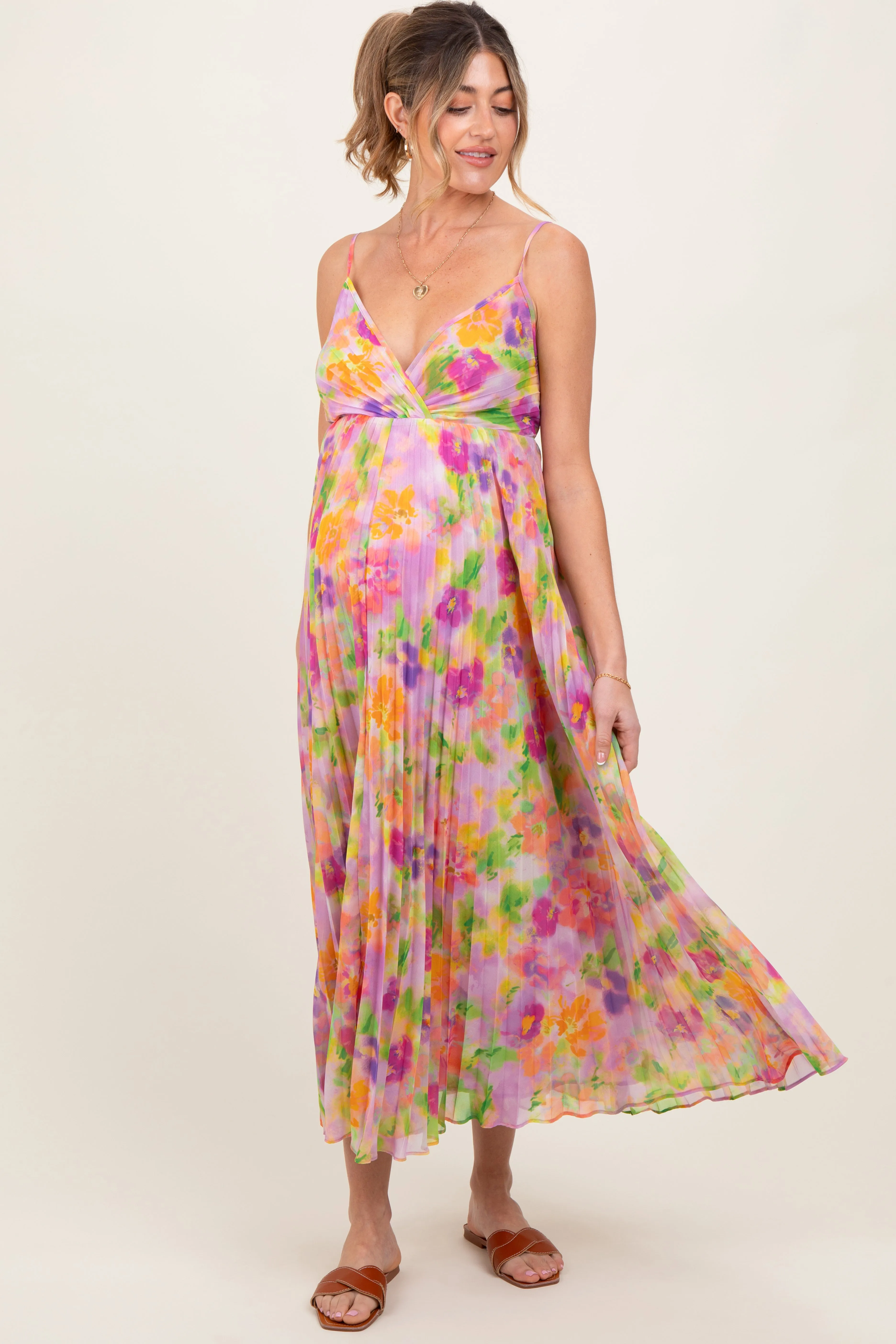Lilac Floral Pleated Open Back Maternity Maxi Dress sold by Pinkblush product image thumbnail 2