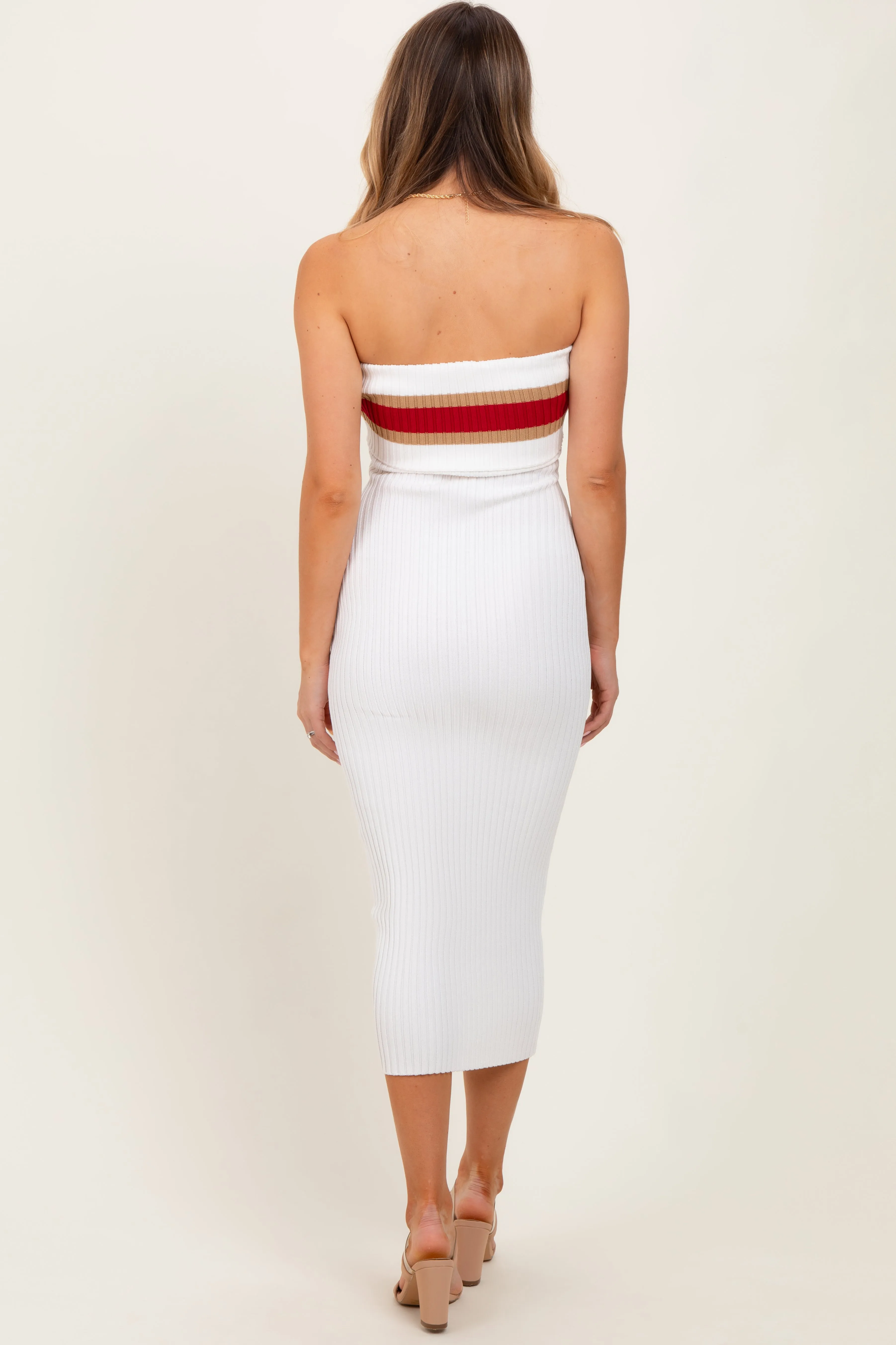 Ivory Ribbed Knit Striped Strapless Fitted Midi Dress sold by Pinkblush product image thumbnail 4