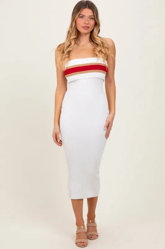 Ivory Ribbed Knit Striped Strapless Fitted Midi Dress sold by Pinkblush