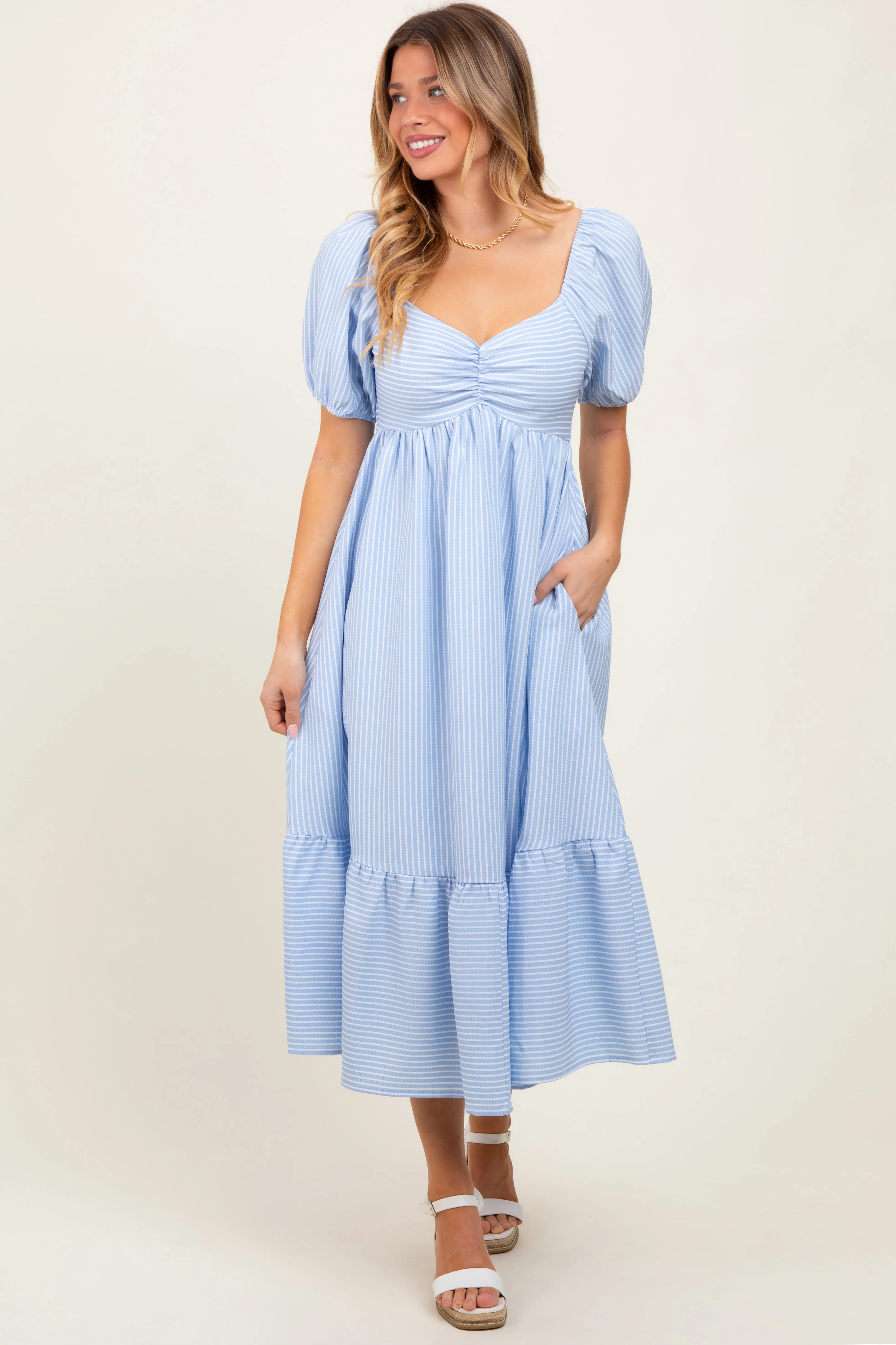 Light Blue Sweetheart Stripe Smocked Back Maternity Midi Dress sold by Pinkblush product image thumbnail 5