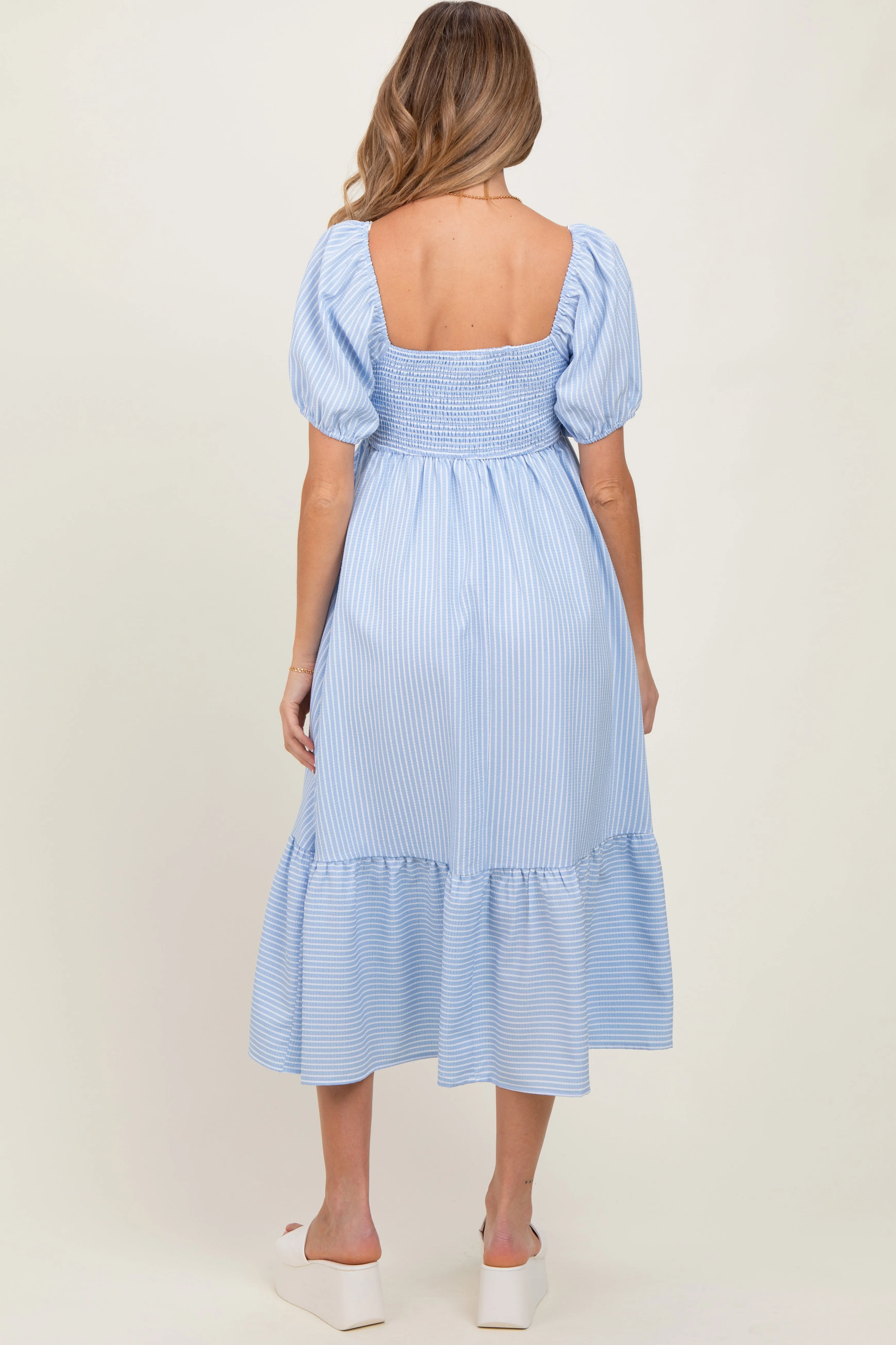Light Blue Sweetheart Stripe Smocked Back Maternity Midi Dress sold by Pinkblush product image thumbnail 4