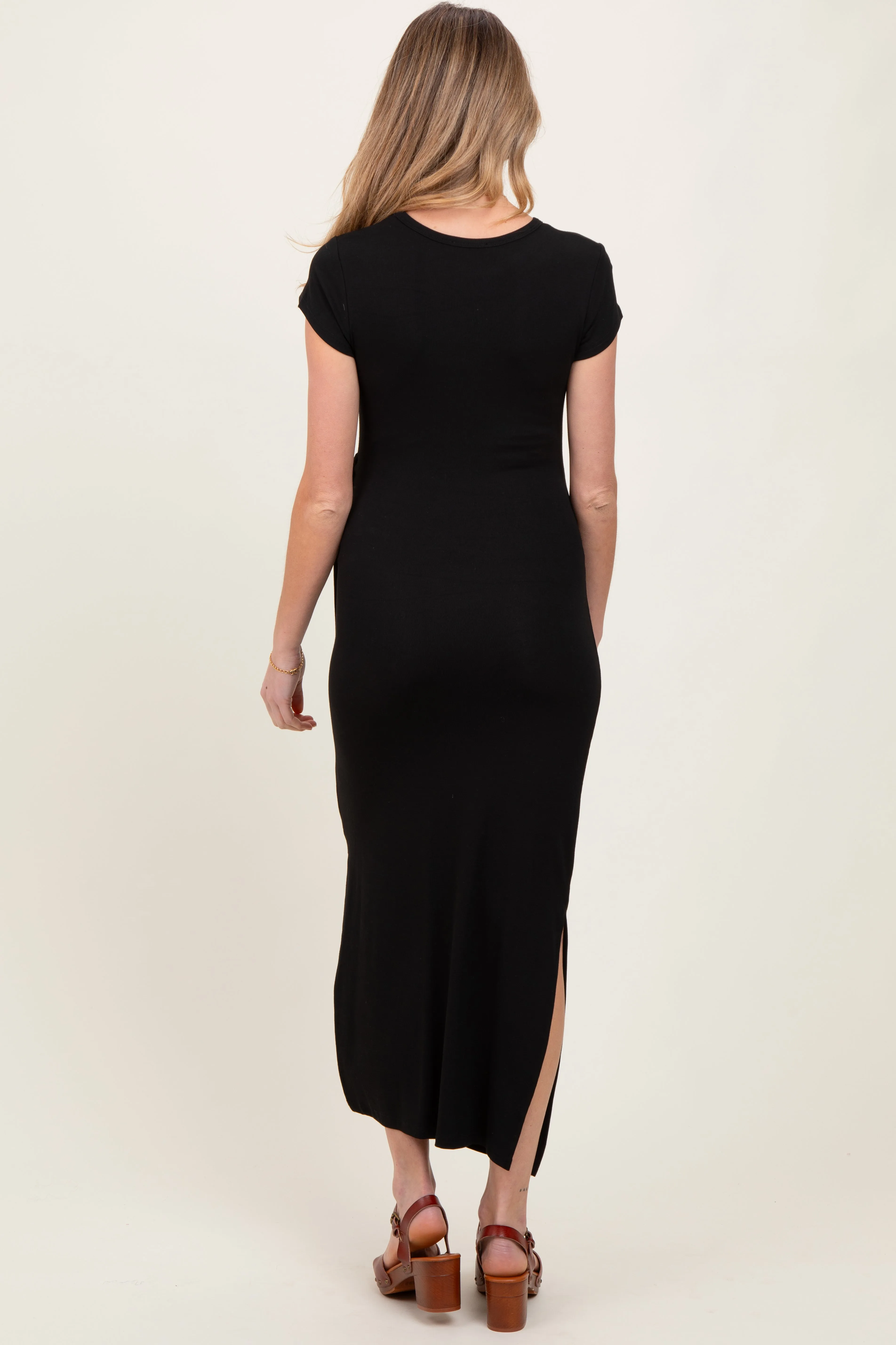 Black Side Knot Tie Short Sleeve Maternity Midi Dress sold by Pinkblush product image thumbnail 3