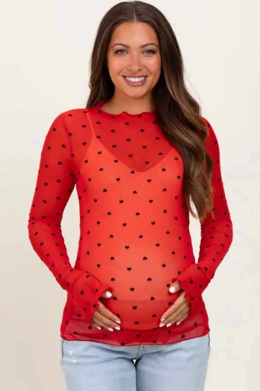 Red Mesh Heart High Neck Long Sleeve Maternity Top sold by Pinkblush