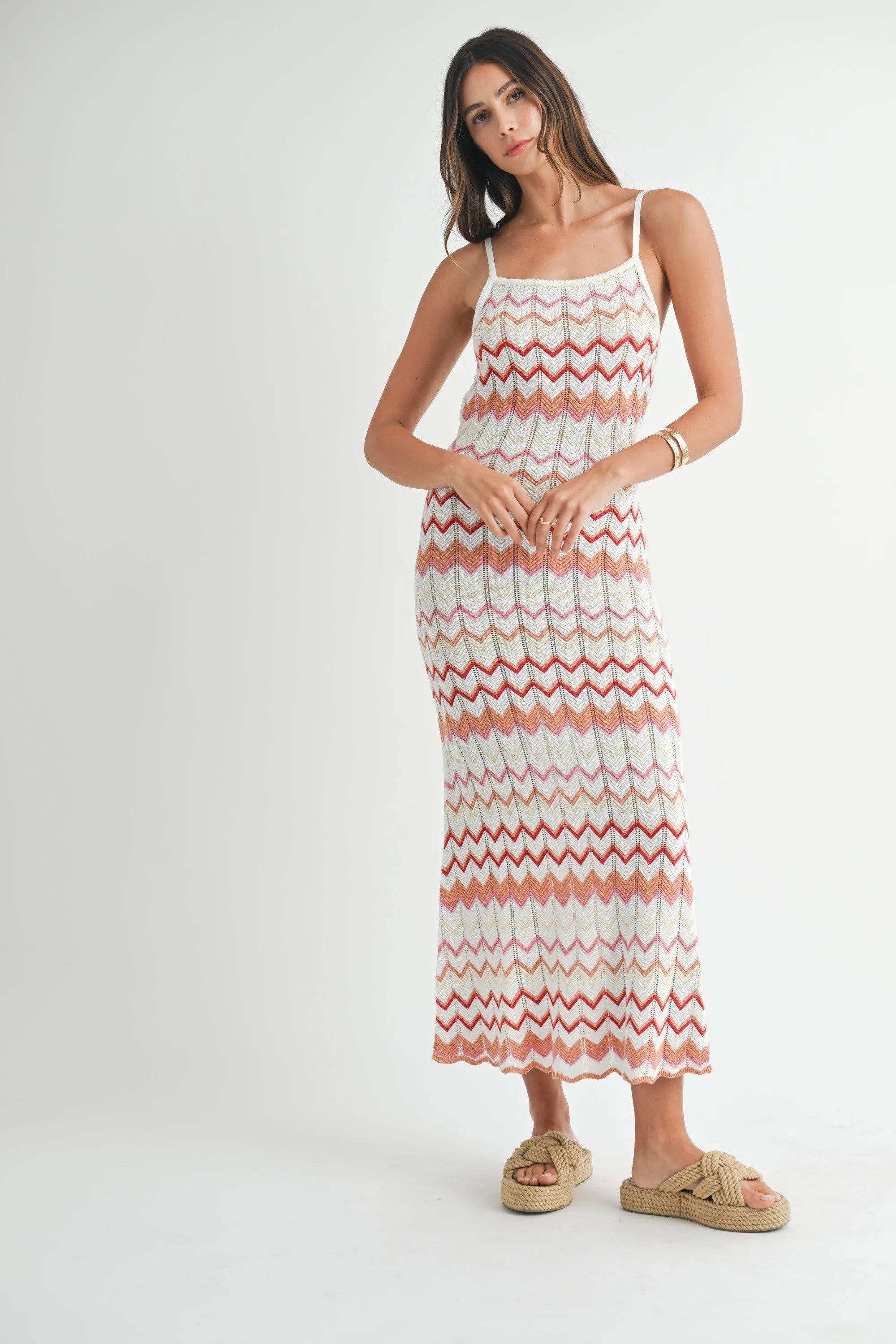 Salmon Pointelle Chevron Knit Open Back Midi Dress sold by Pinkblush