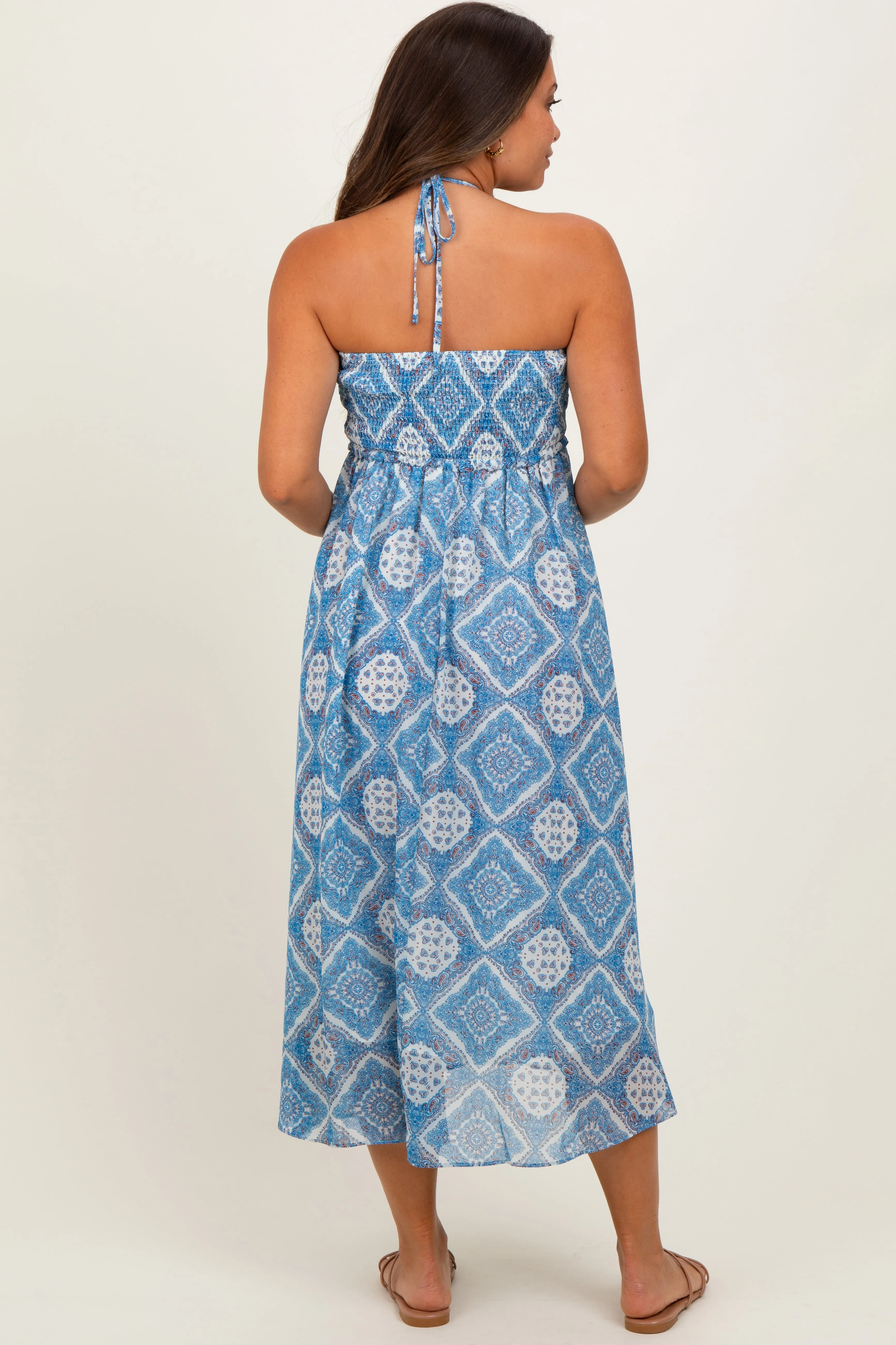Blue Printed Smocked Halter Maternity Midi Dress sold by Pinkblush product image thumbnail 4