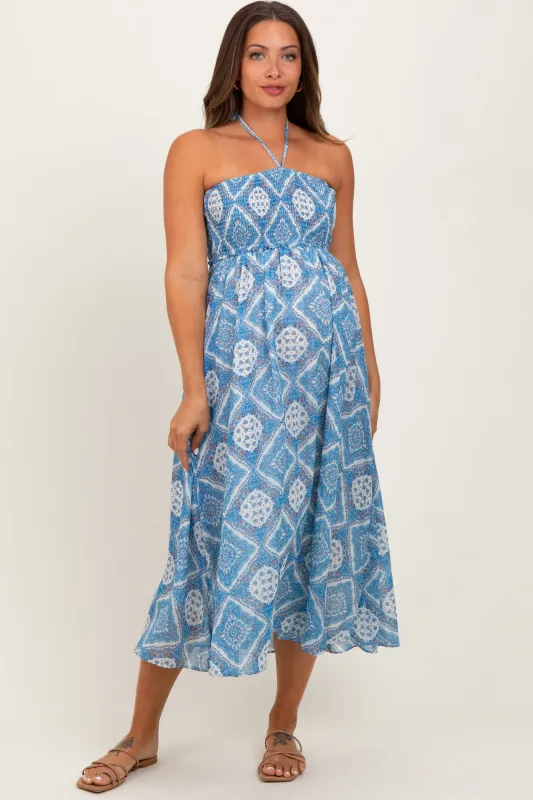 Blue Printed Smocked Halter Maternity Midi Dress sold by Pinkblush