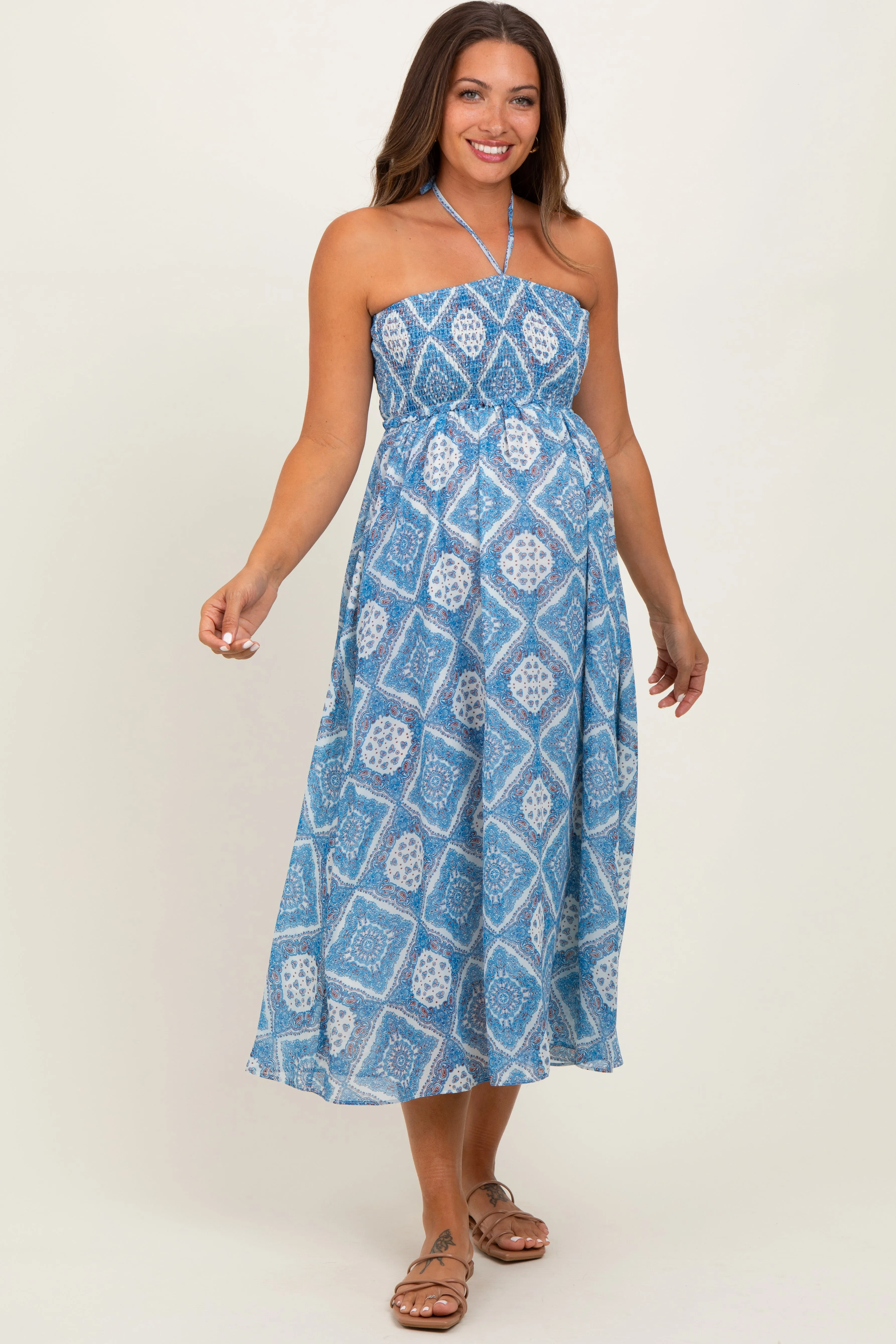Blue Printed Smocked Halter Maternity Midi Dress sold by Pinkblush product image thumbnail 2
