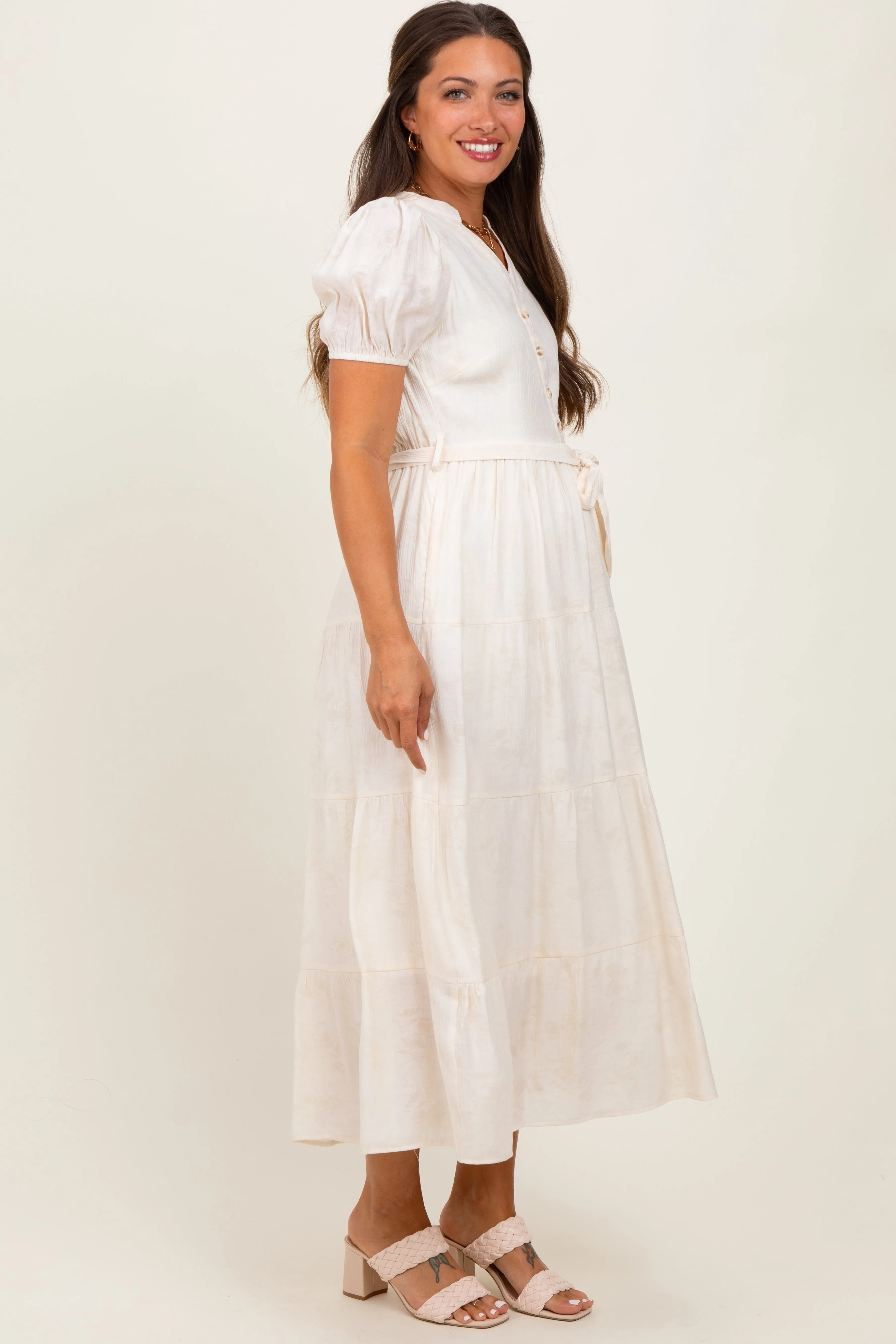 Cream Split Neckline Tiered Maternity Midi Dress sold by Pinkblush product image thumbnail 2