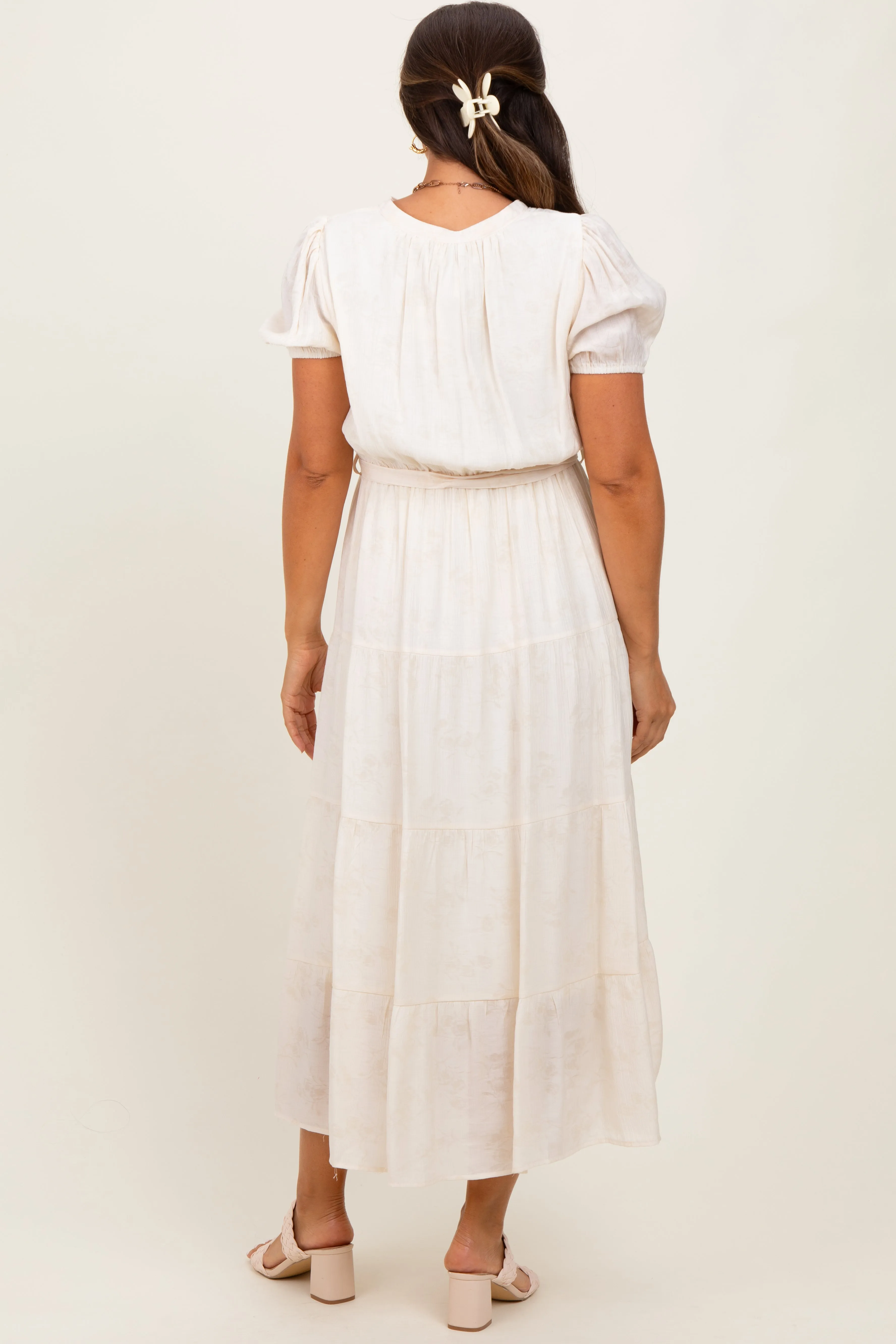 Cream Split Neckline Tiered Maternity Midi Dress sold by Pinkblush product image thumbnail 3
