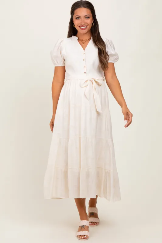 Cream Split Neckline Tiered Maternity Midi Dress sold by Pinkblush