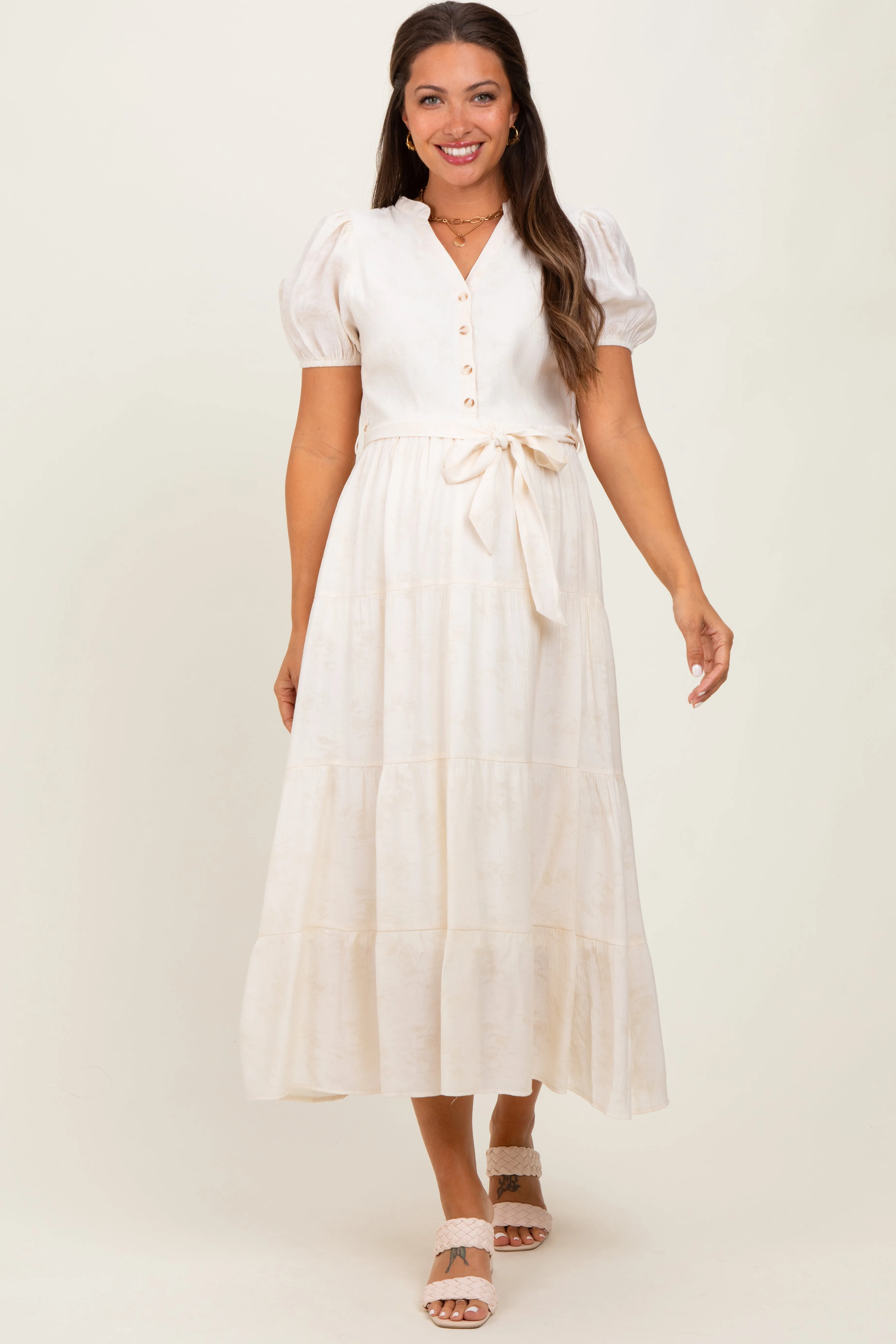 Cream Split Neckline Tiered Maternity Midi Dress sold by Pinkblush