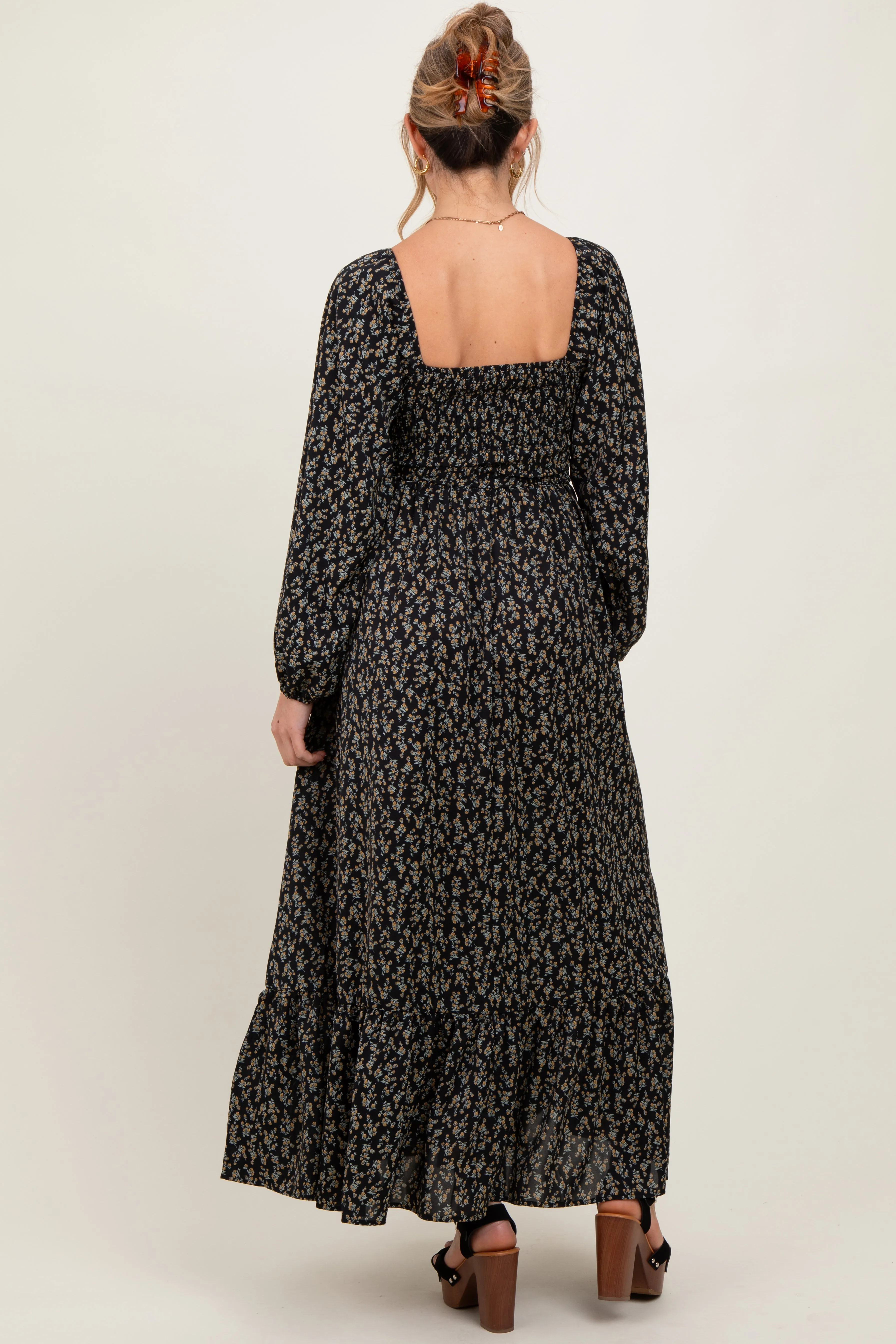 Black Floral Smocked Lace Trim Sweetheart Maternity Maxi Dress sold by Pinkblush product image thumbnail 4