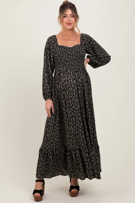 Black Floral Smocked Lace Trim Sweetheart Maternity Maxi Dress sold by Pinkblush