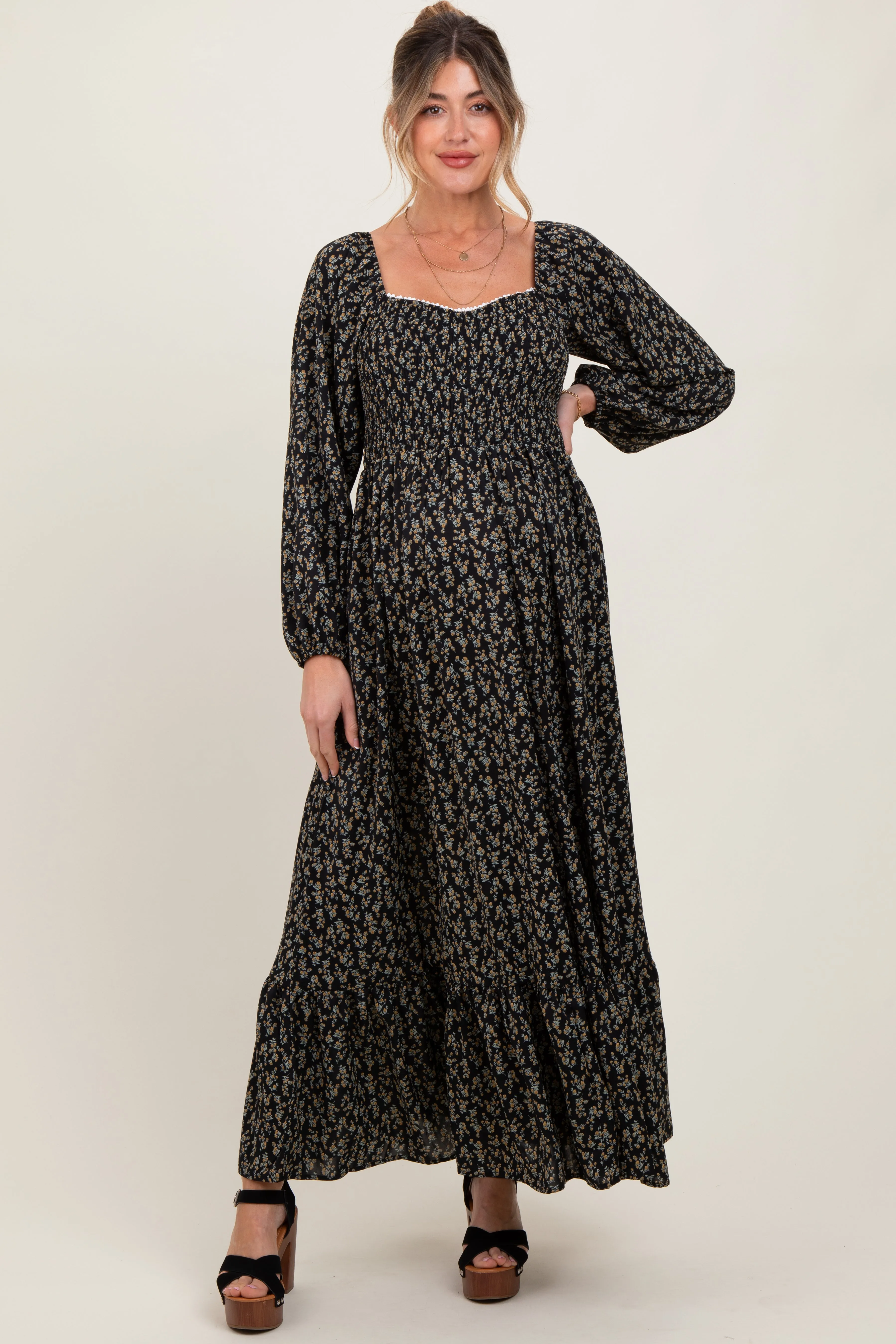 Black Floral Smocked Lace Trim Sweetheart Maternity Maxi Dress sold by Pinkblush