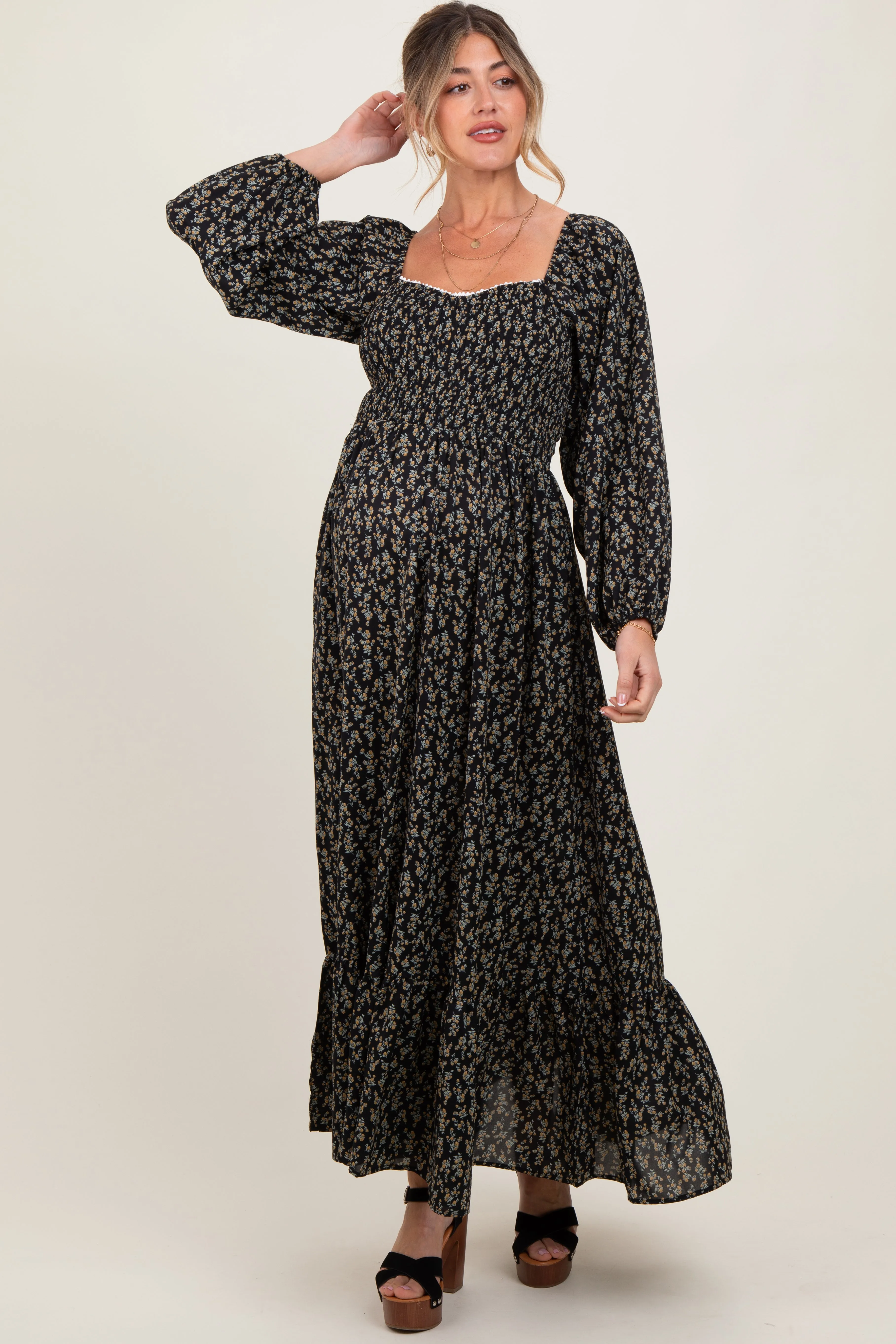 Black Floral Smocked Lace Trim Sweetheart Maternity Maxi Dress sold by Pinkblush product image thumbnail 2