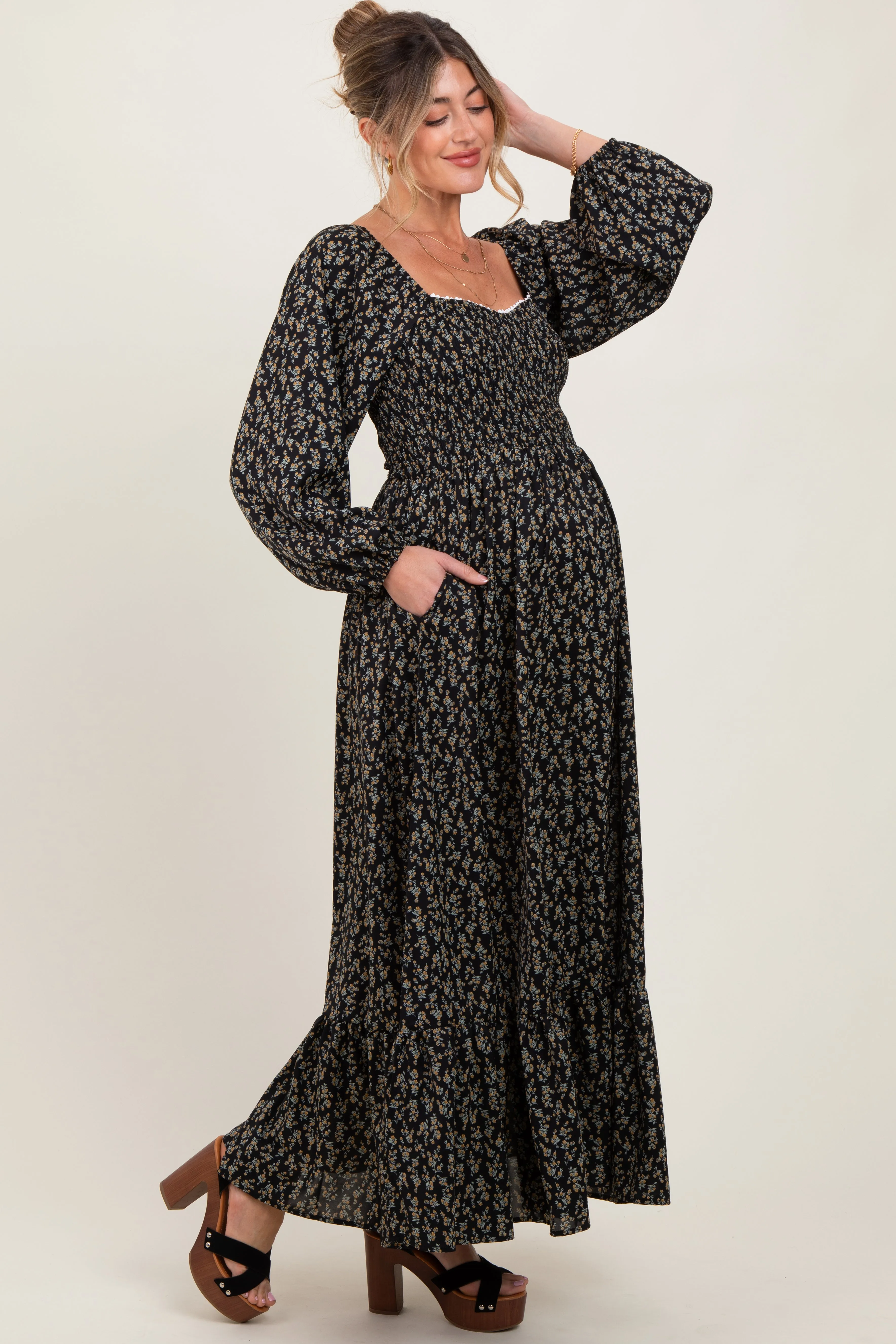 Black Floral Smocked Lace Trim Sweetheart Maternity Maxi Dress sold by Pinkblush product image thumbnail 3