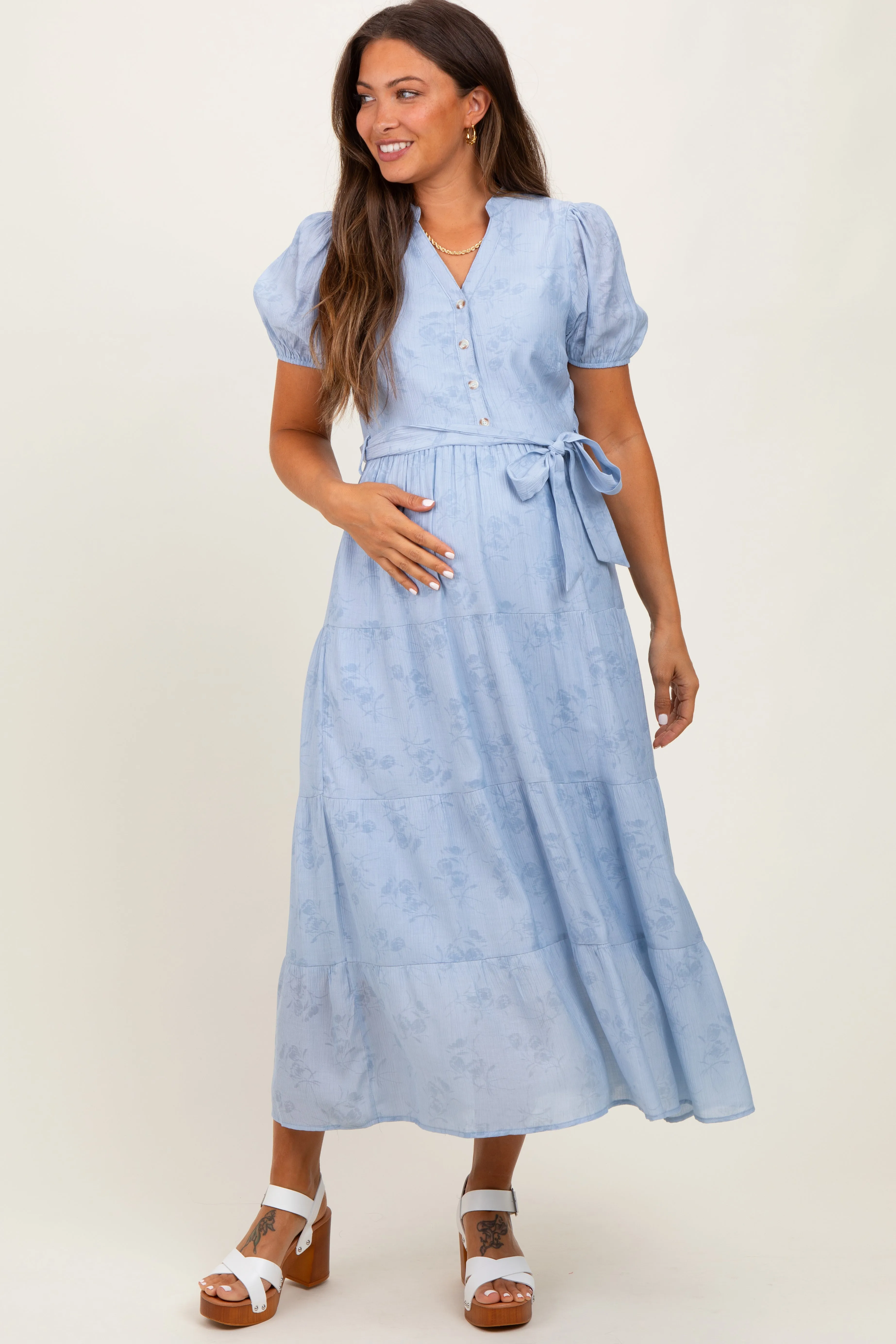 Light Blue Split Neckline Tiered Maternity Midi Dress sold by Pinkblush product image thumbnail 2