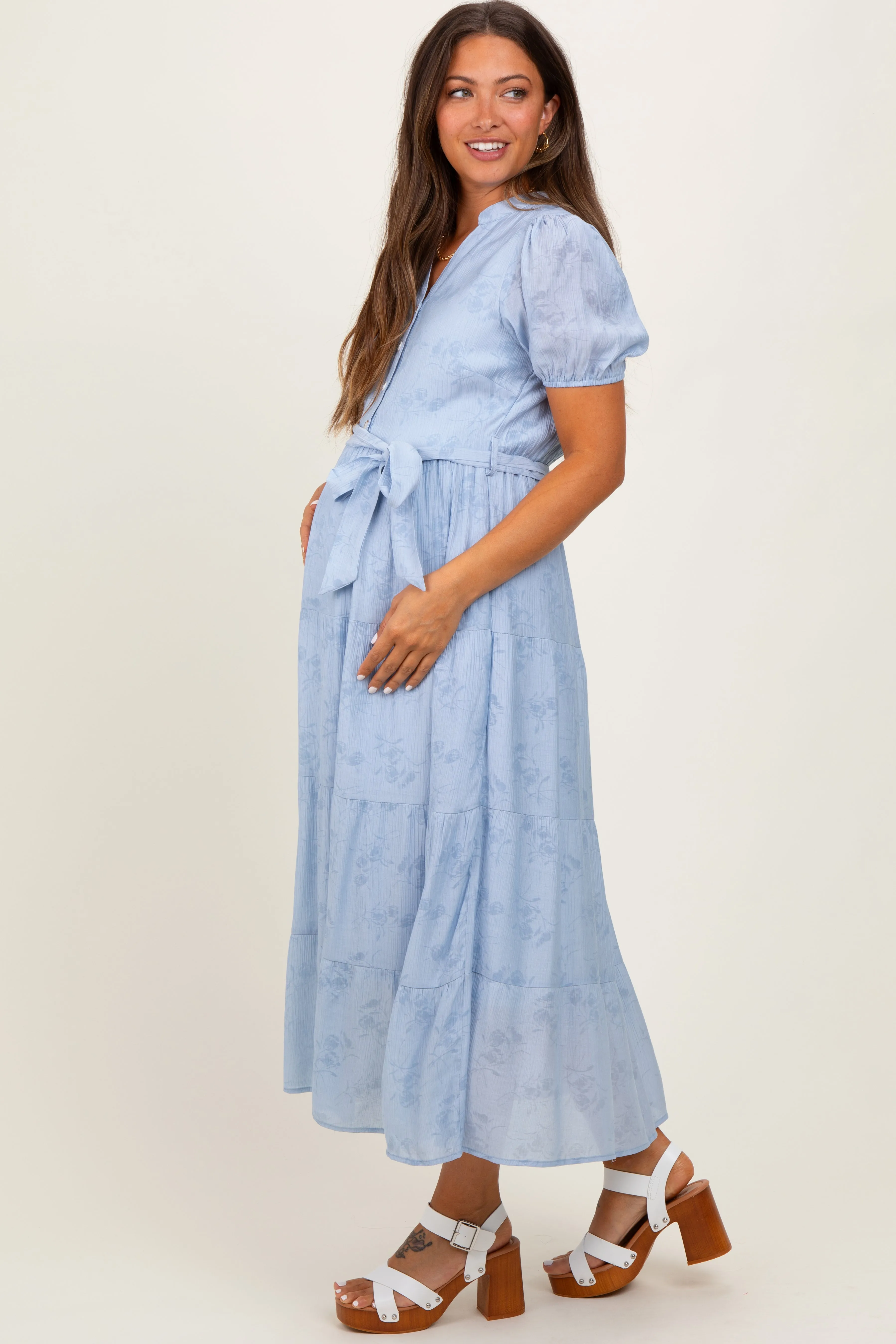 Light Blue Split Neckline Tiered Maternity Midi Dress sold by Pinkblush product image thumbnail 3