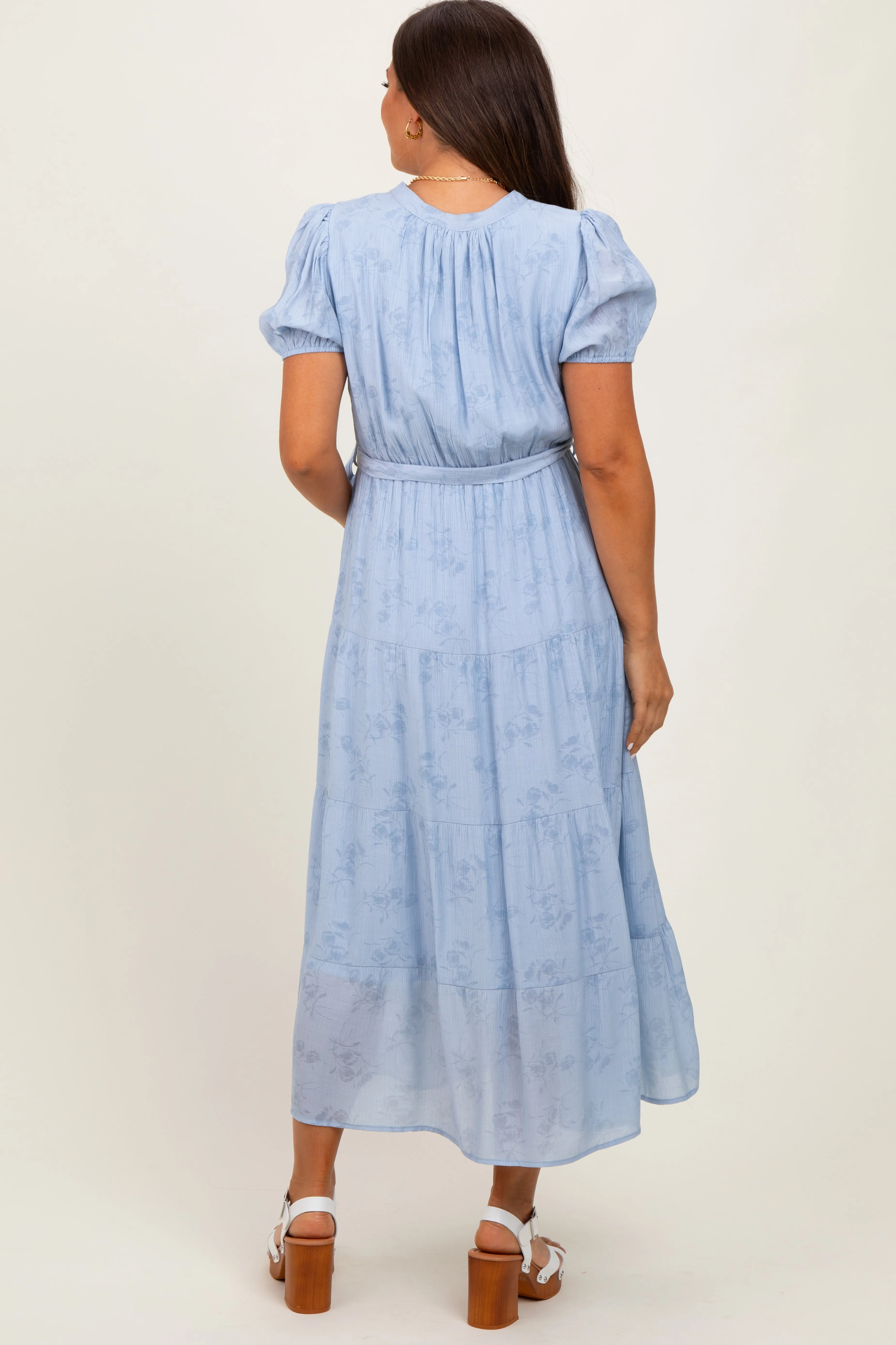 Light Blue Split Neckline Tiered Maternity Midi Dress sold by Pinkblush product image thumbnail 4
