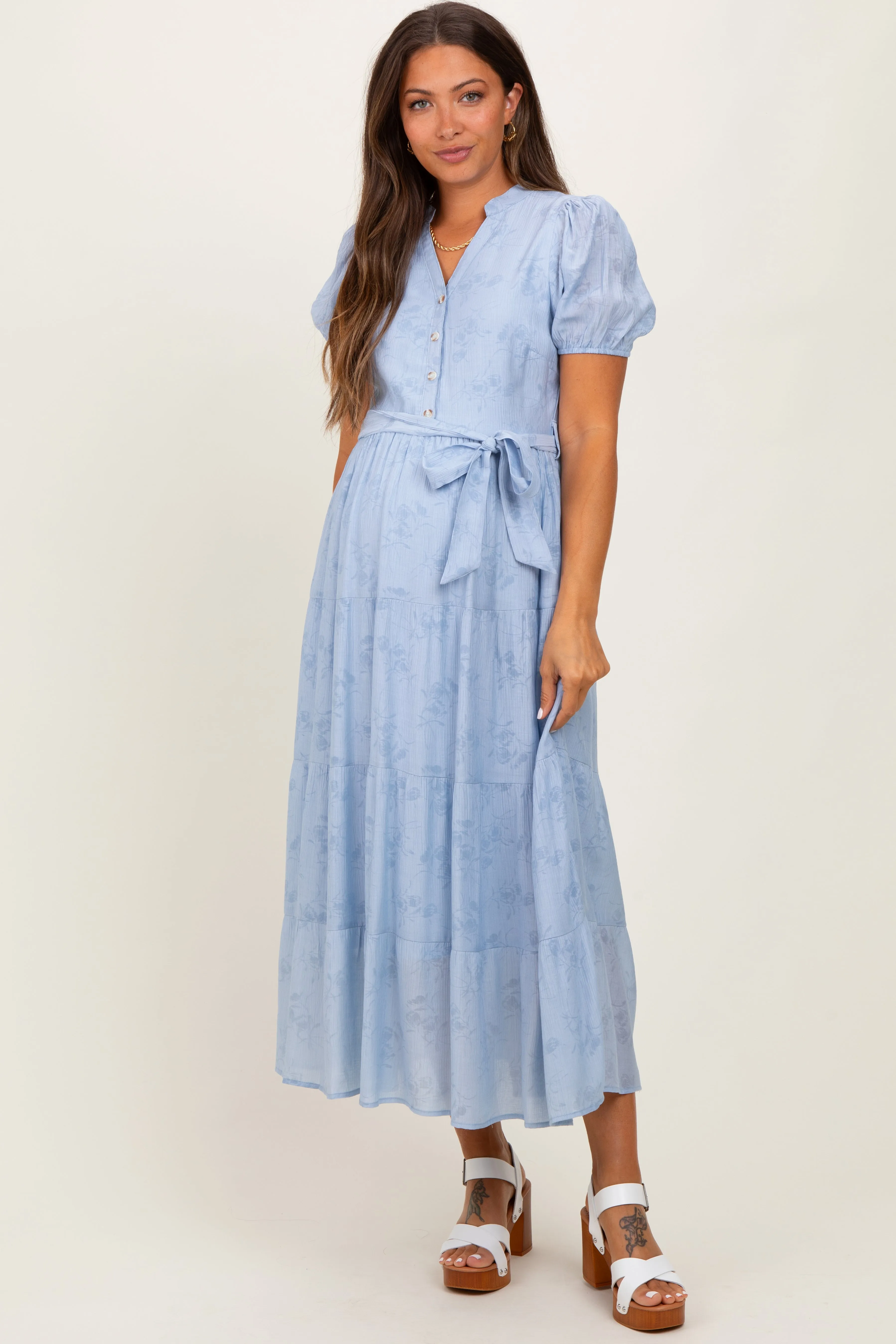 Light Blue Split Neckline Tiered Maternity Midi Dress sold by Pinkblush