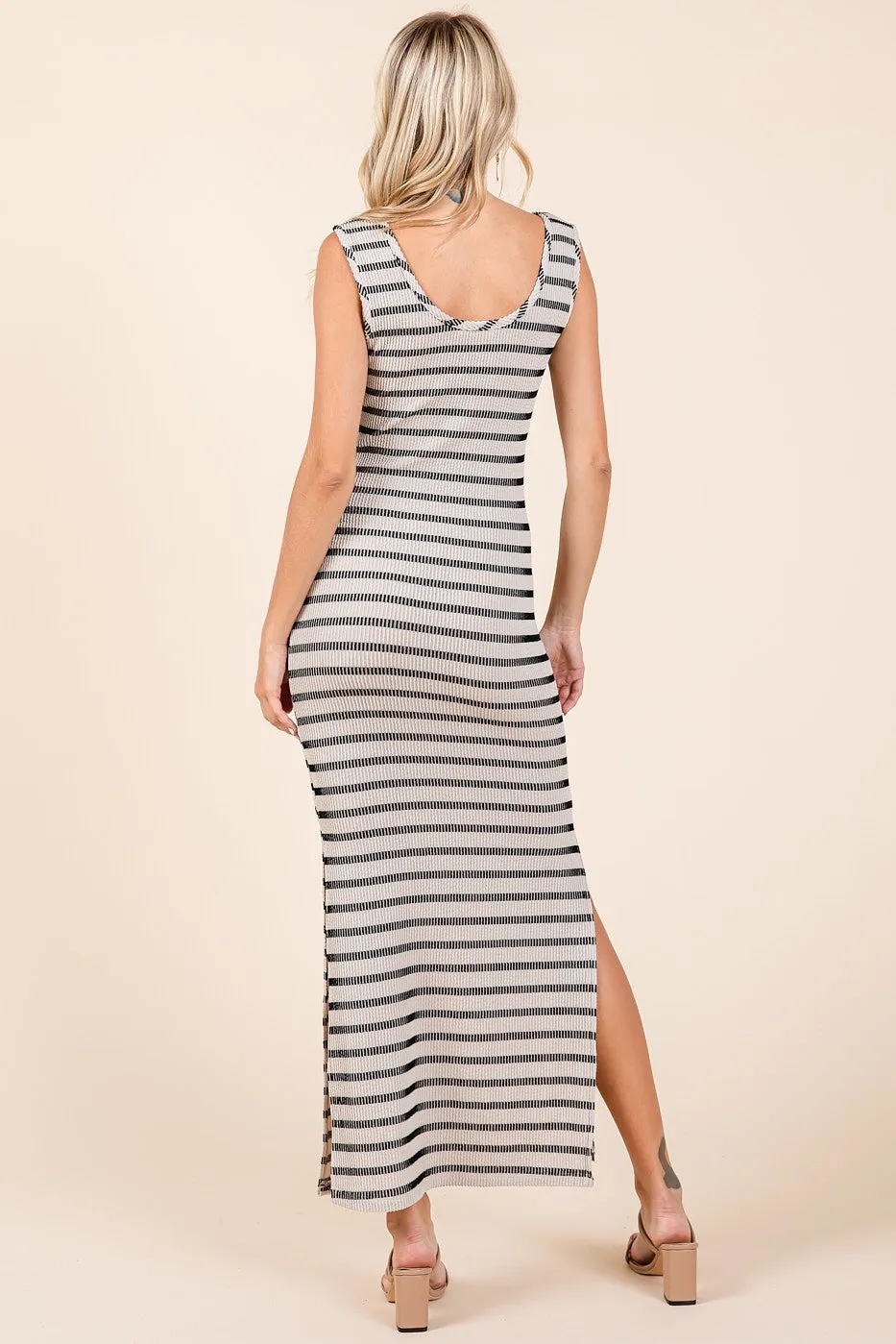 Ivory Striped Ribbed Sleeveless Side Slit Maxi Dress sold by Pinkblush product image thumbnail 3