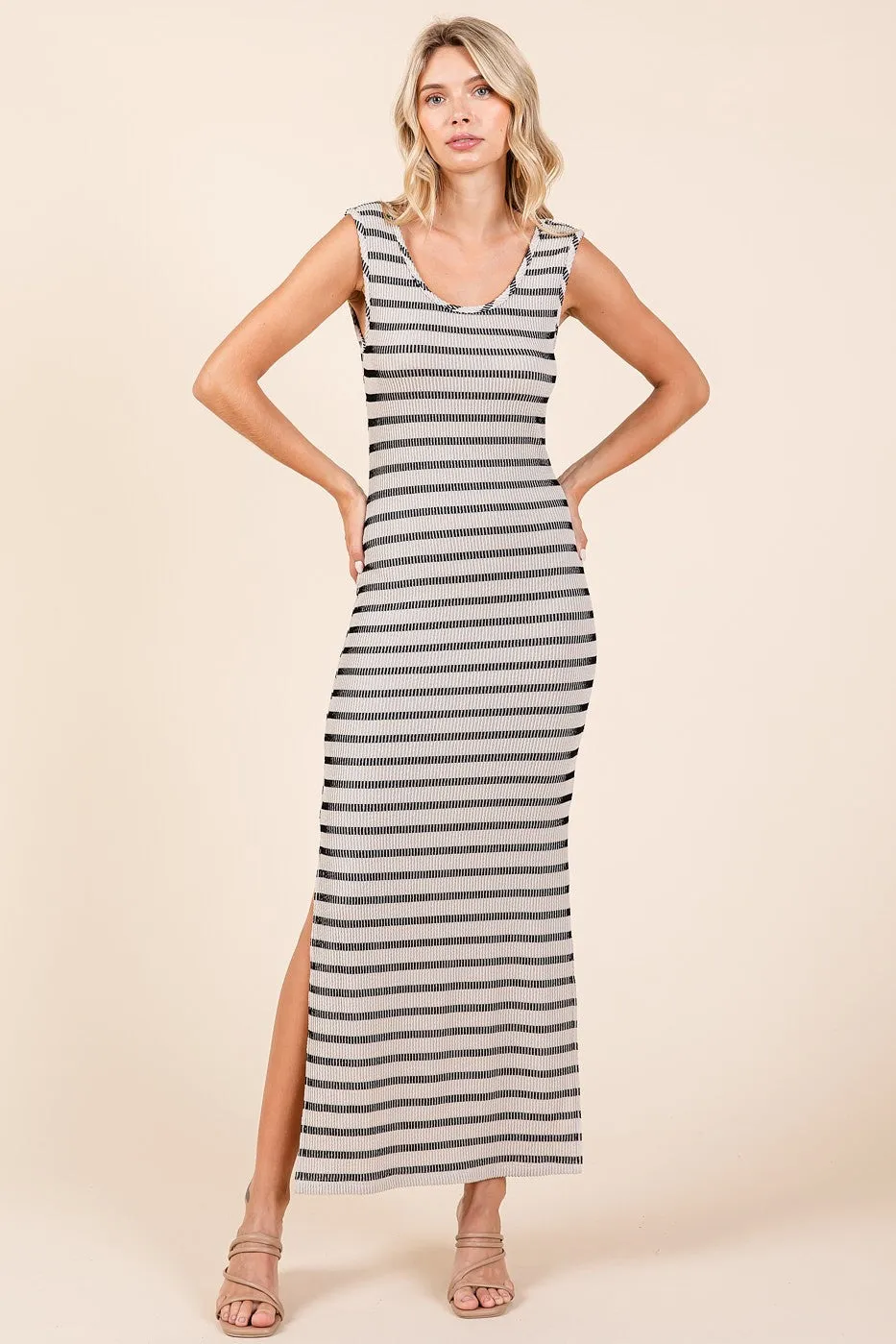 Ivory Striped Ribbed Sleeveless Side Slit Maxi Dress sold by Pinkblush product image thumbnail 4