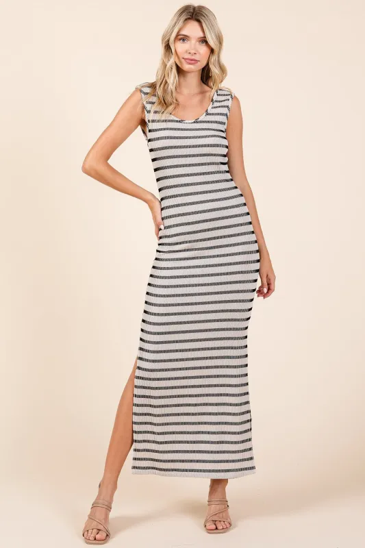 Ivory Striped Ribbed Sleeveless Side Slit Maxi Dress sold by Pinkblush