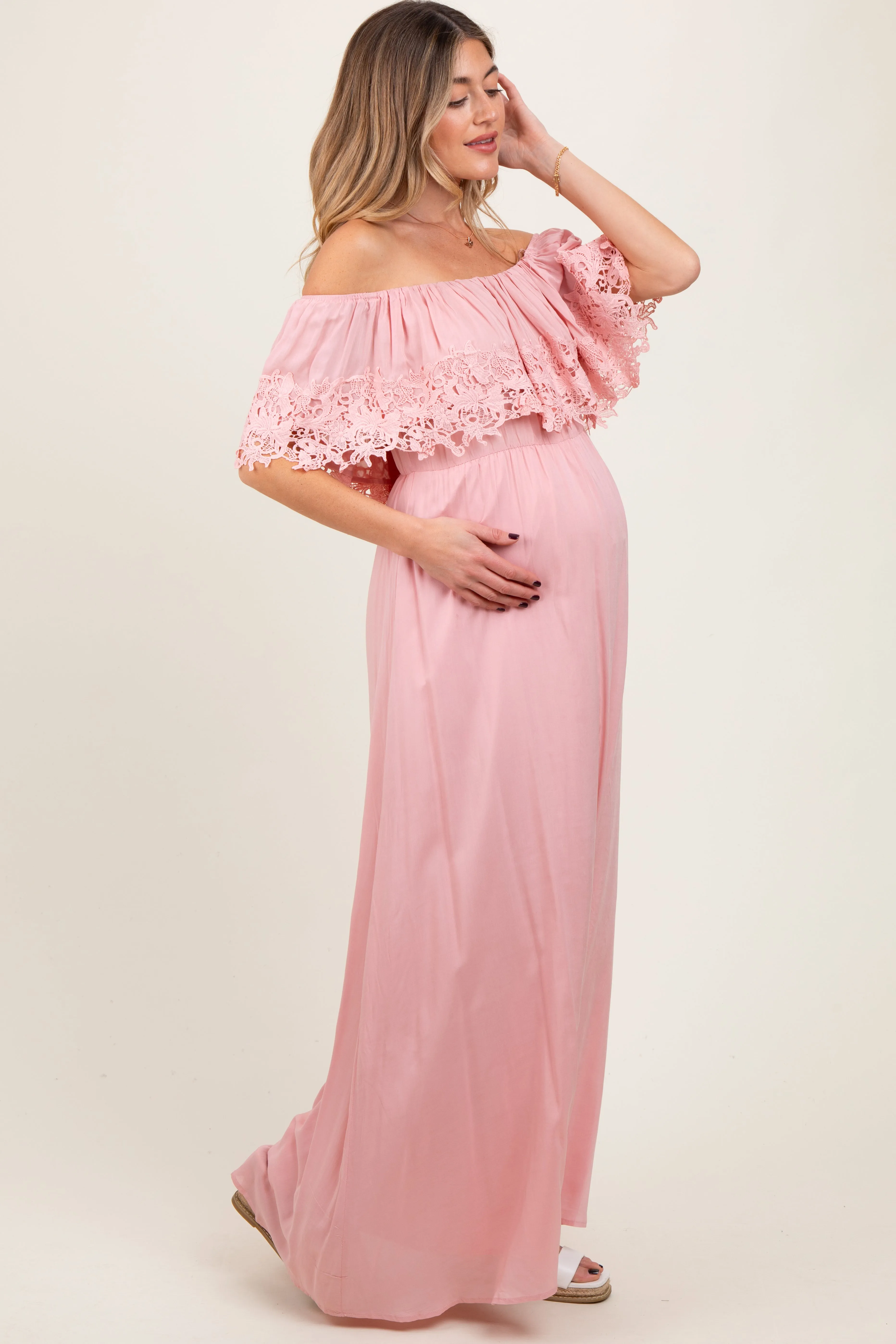 Pink Lace Off Shoulder Maternity Maxi Dress sold by Pinkblush product image thumbnail 2