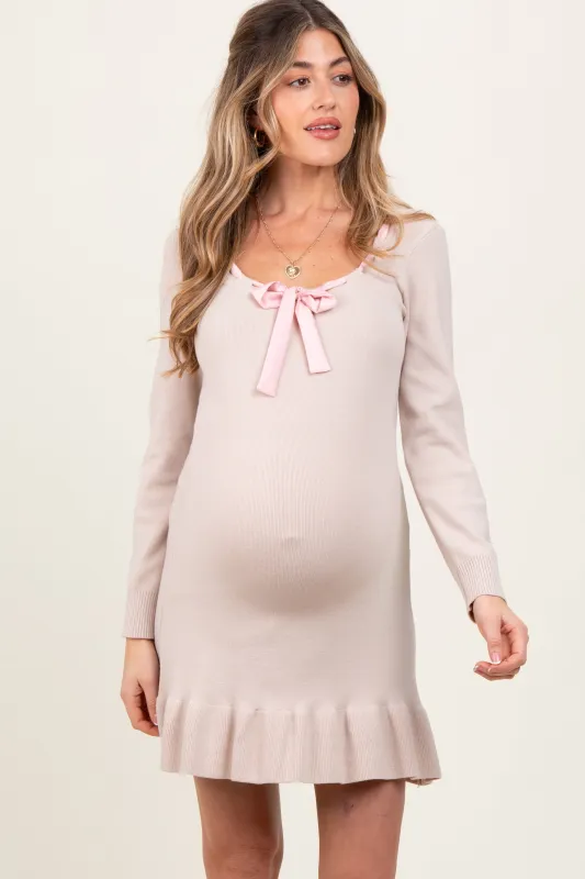 Beige Knit Ribbon Detail Neckline Maternity Mini Dress sold by Pinkblush
