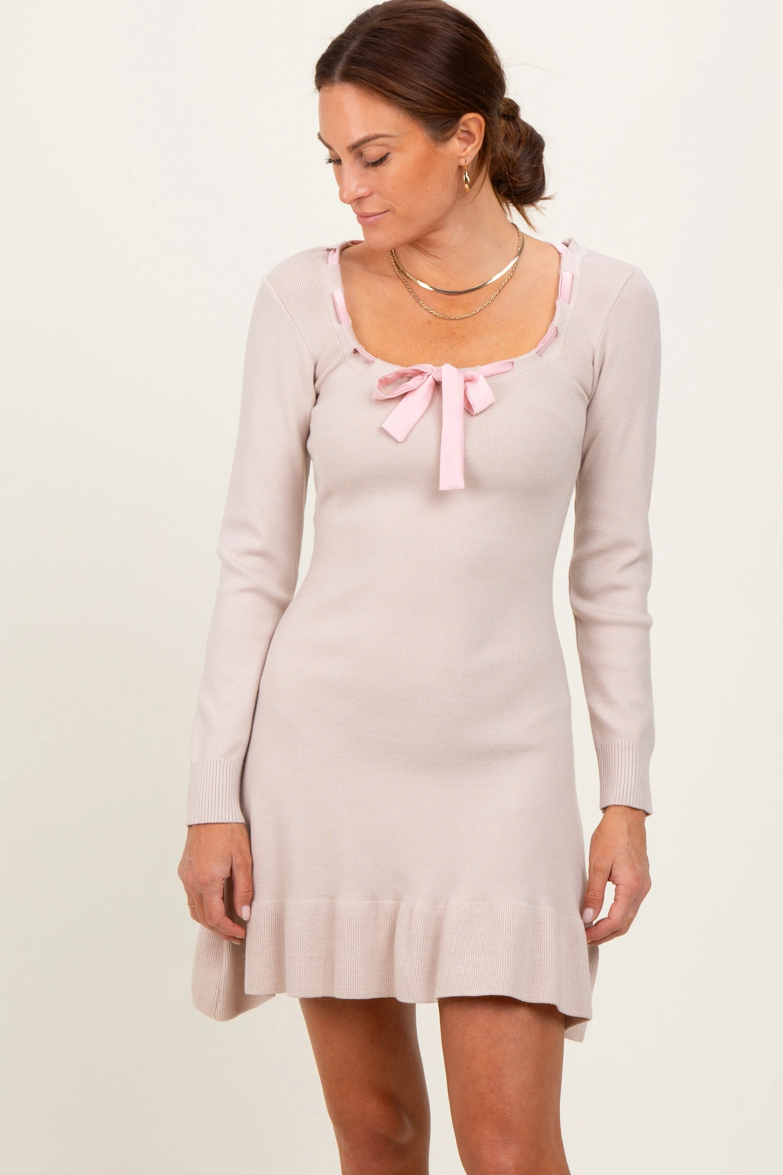 Beige Knit Ribbon Detail Neckline Maternity Mini Dress sold by Pinkblush product image thumbnail 5