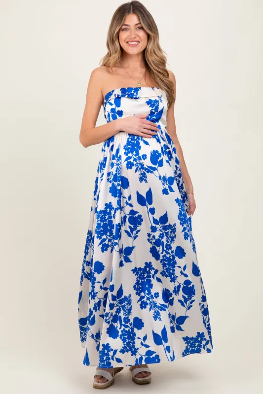 Blue Strapless Back Tie Maternity Maxi Dress sold by Pinkblush