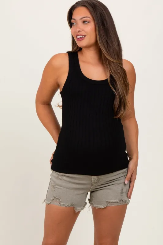 Light Olive Distressed Fringe Hem Maternity Jean Shorts sold by Pinkblush