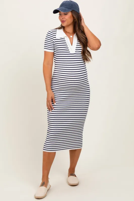 Ivory Striped Knit Collared Maternity Midi Dress sold by Pinkblush