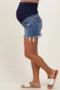 Blue Fringe Hem Side Slit Maternity Denim Shorts sold by Pinkblush