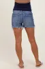 Blue Fringe Hem Side Slit Maternity Denim Shorts sold by Pinkblush