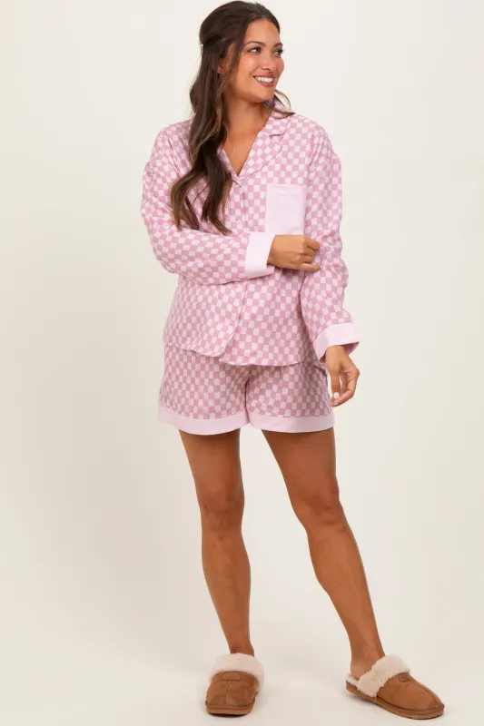 Mauve Checkered Print Pajama Shorts Maternity Set sold by Pinkblush