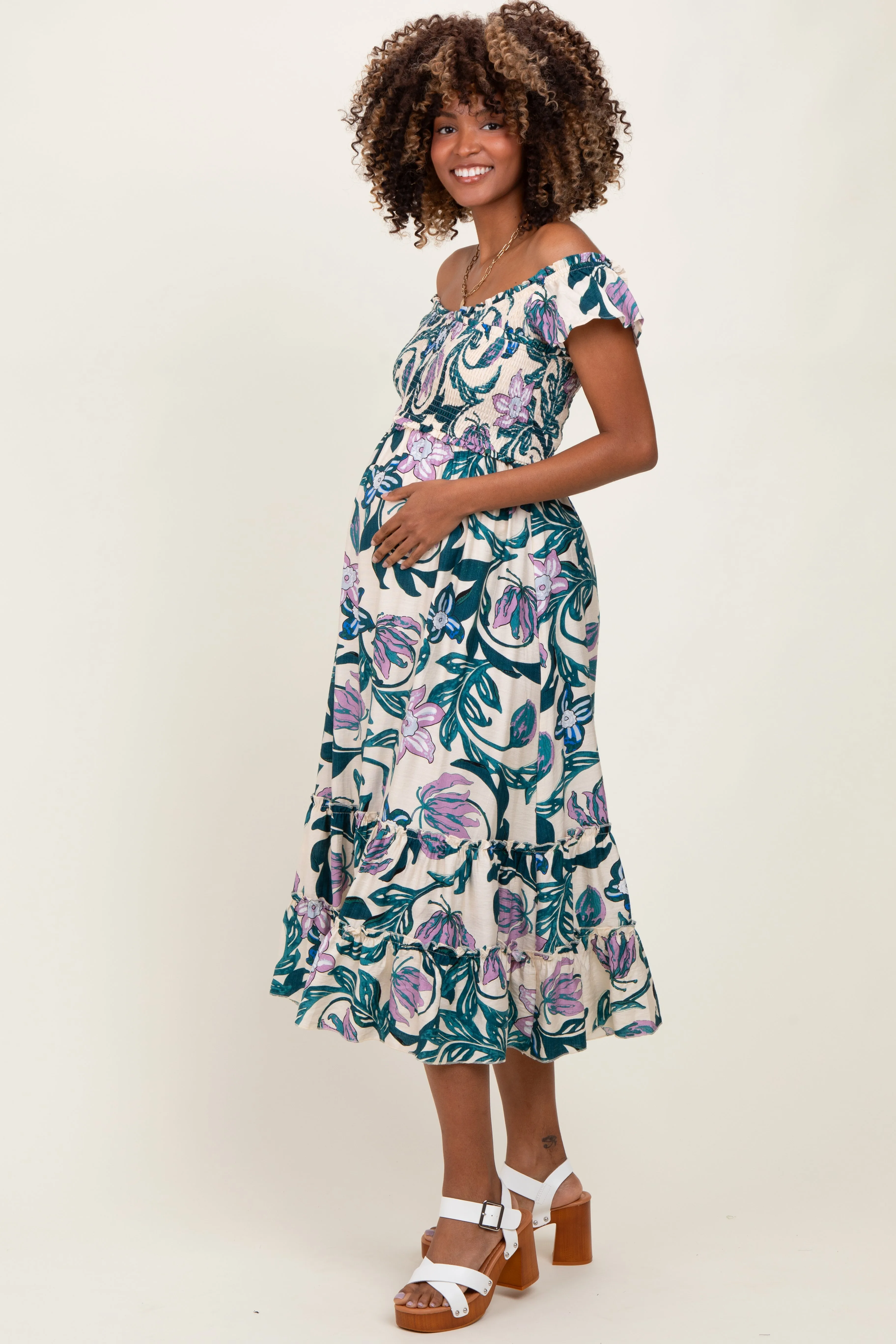 Teal Multi Smocked Top Woven Maternity Midi Dress sold by Pinkblush product image thumbnail 2