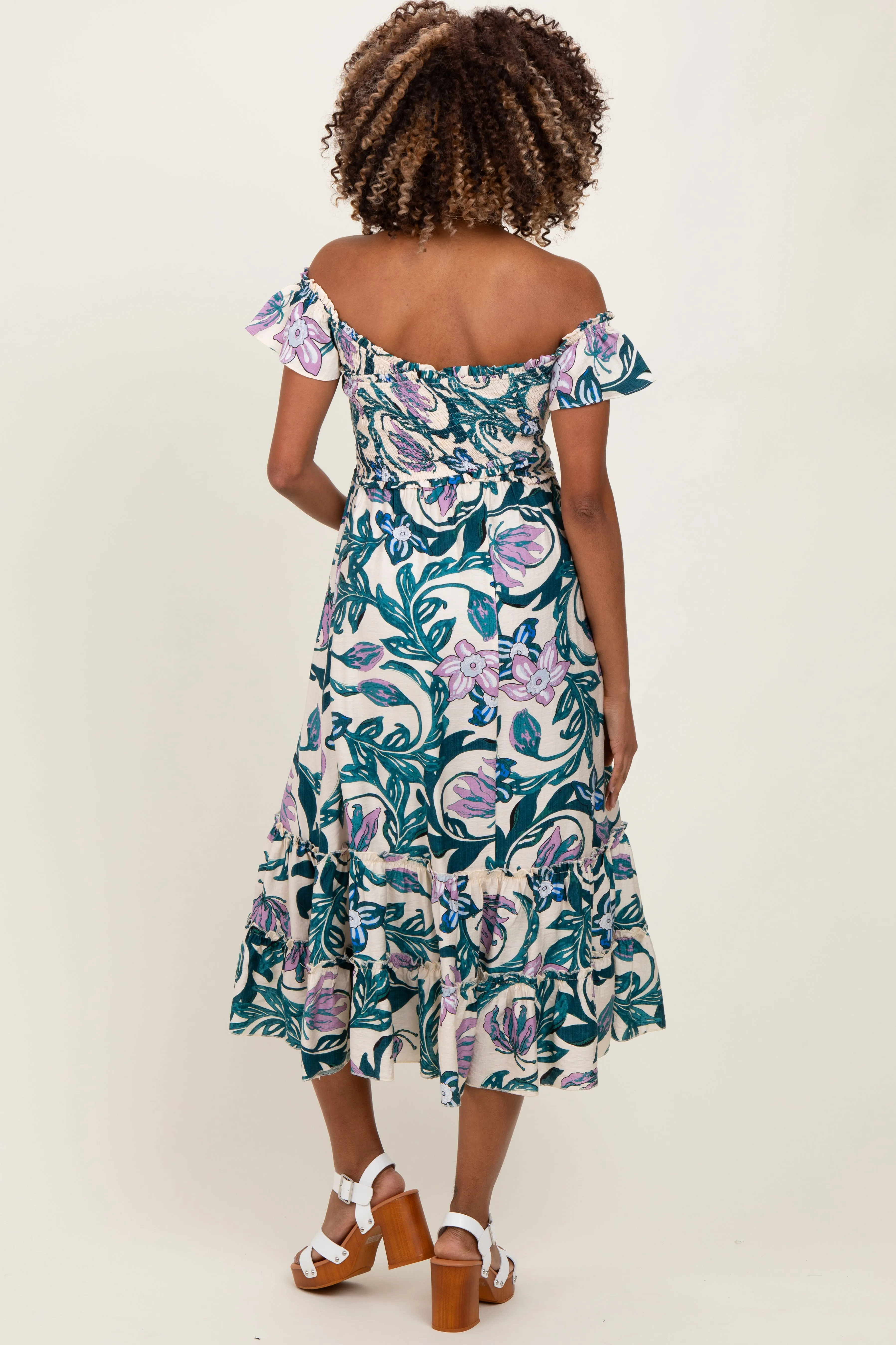 Teal Multi Smocked Top Woven Maternity Midi Dress sold by Pinkblush product image thumbnail 3